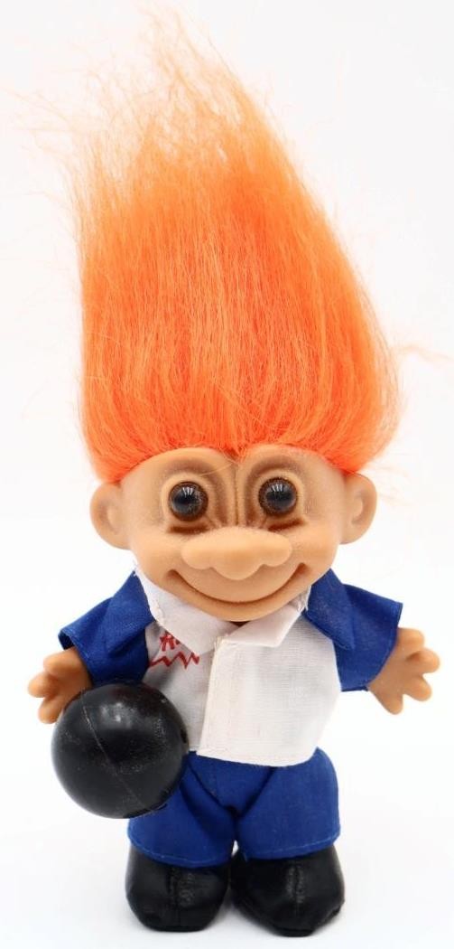 Vintage 1990s RUSS 4 1/4" Troll Doll "I Love Bowling" Orange Hair
