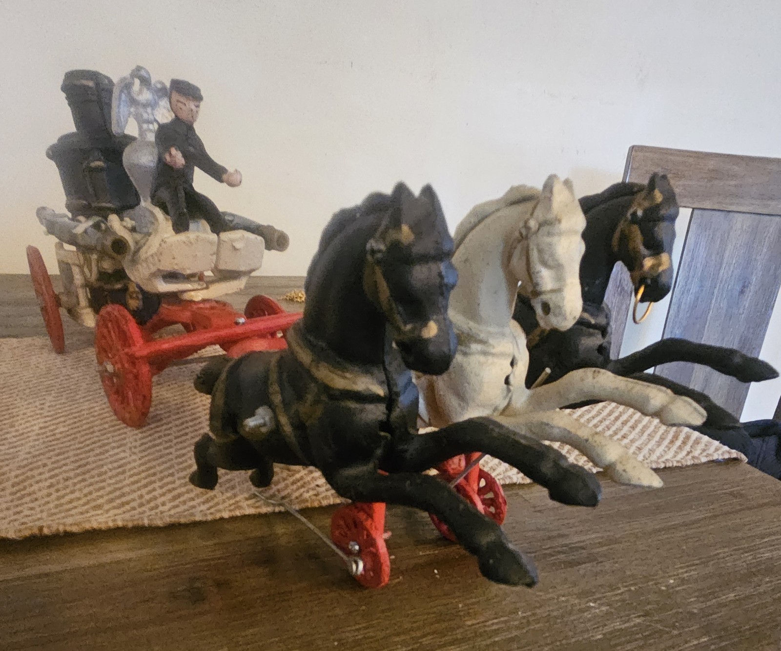 Vintage Cast Iron Horse Drawn Fire Wagon