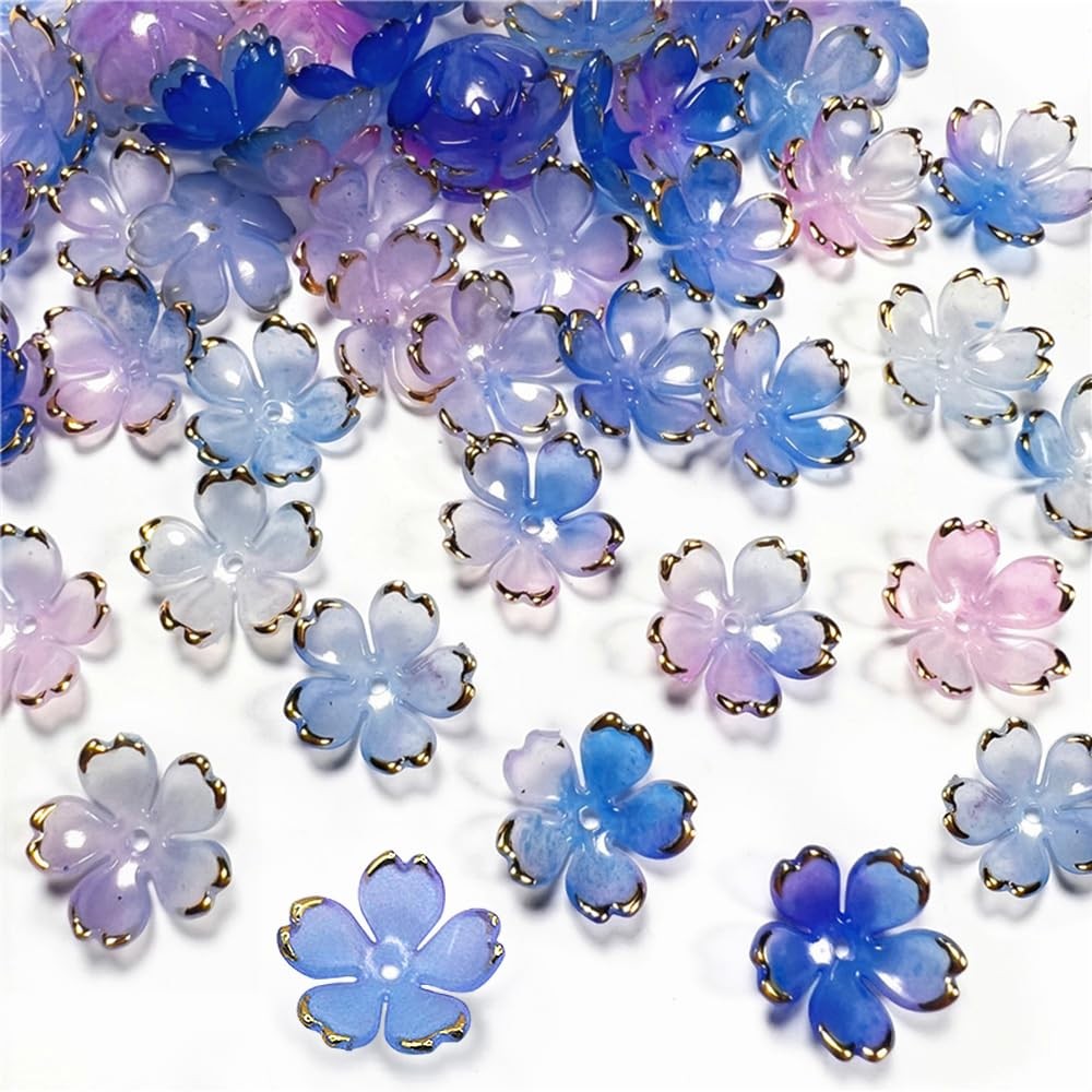 50Pcs Cherry Blossom Acrylic Flower Beads, Mini Small, Blue-Violet Gradient 