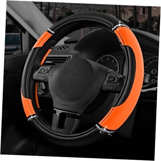  Leather Steering Wheel Cover - Made with PVC Leather - Anti-Slip, Orange