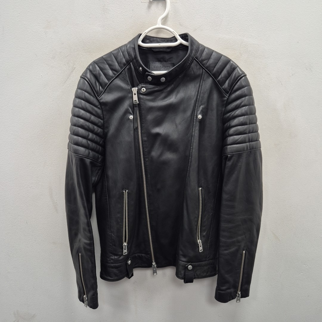 Allsaints Jasper Motorcycle Biker Punk Black Leather Bomber Jacket Mens Medium #