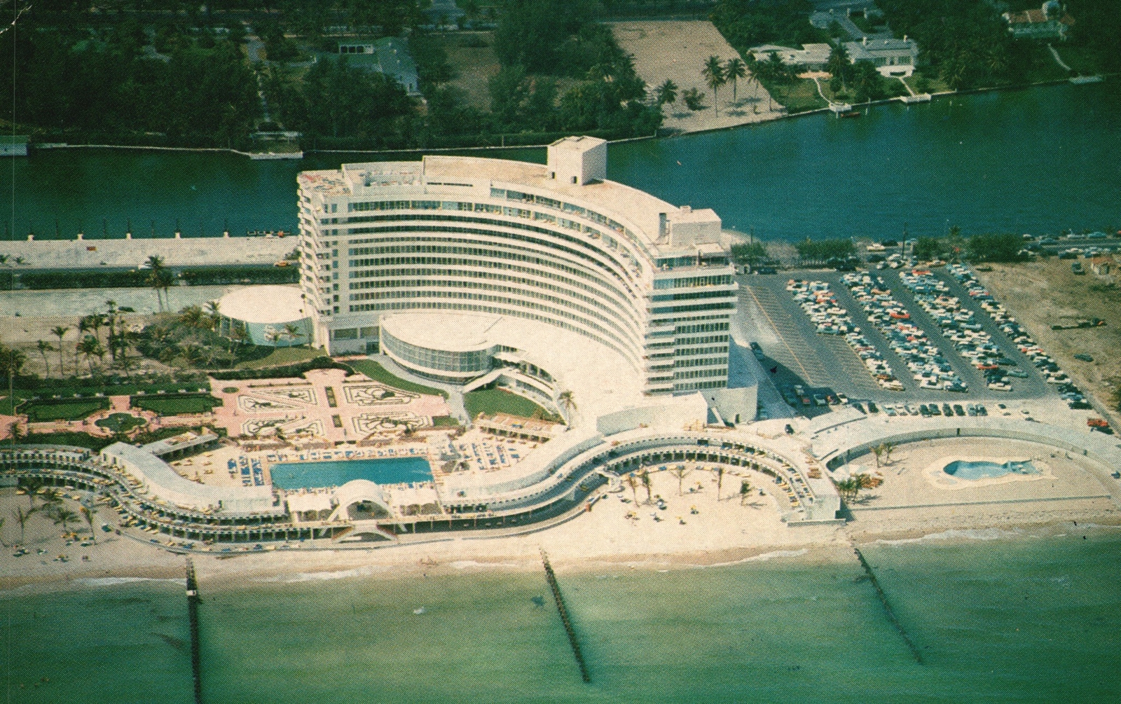 Vintage Postcard 1956 Miami Beach Skyline Oceanfront Hotel Building Florida FL