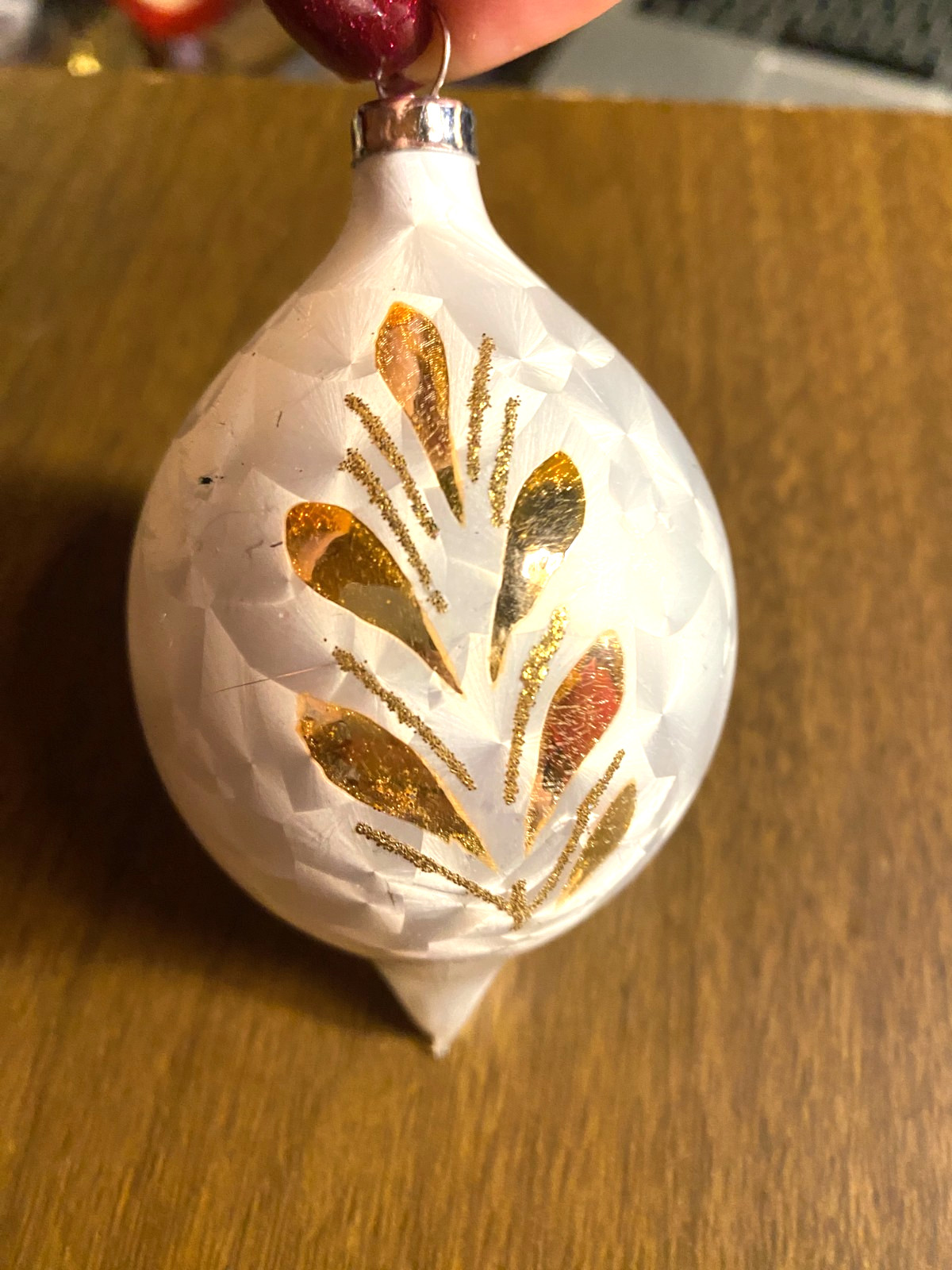 Vintage Brushed White w Gold Blown Glass Teardrop Christmas Ornament 4"