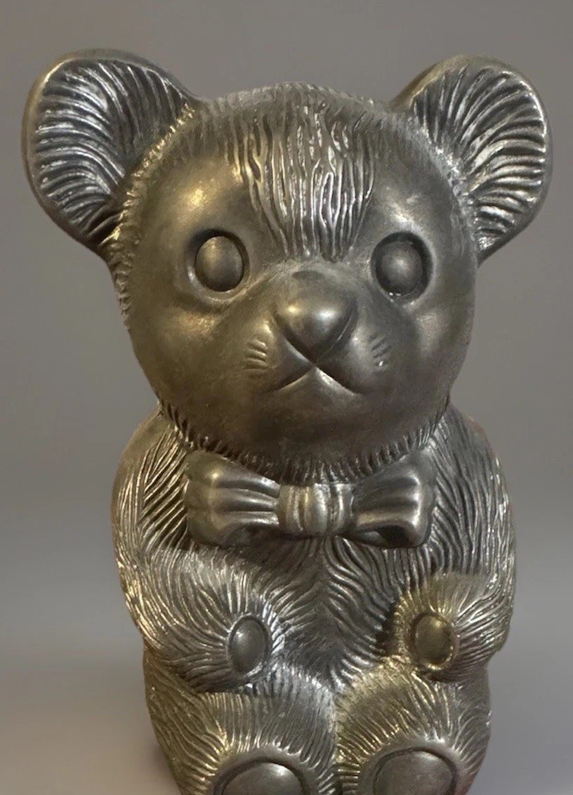 Vintage Teddy Bear Coin Bank Metal Japan 1970s Pewter Finish Piggy Bank