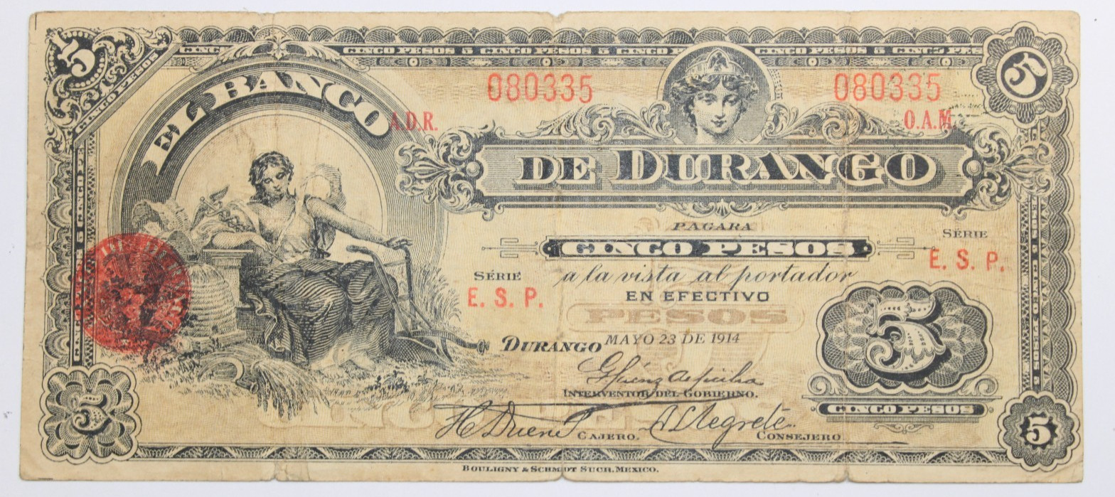 1914 EL BANCO DE DURANGO 5 PESOS  MEXICO BANKNOTE   #0437