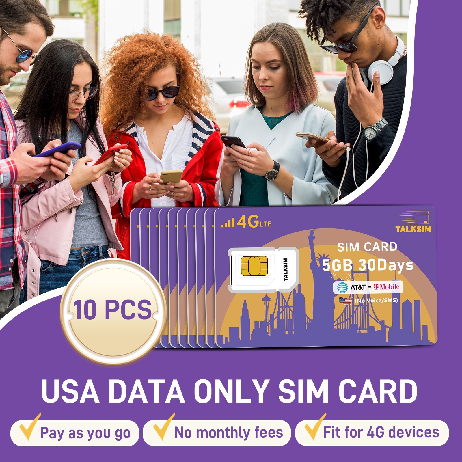 10PCS 30Days 5GB USA SIM Card 4G LTE Network for AT&T/T-Mobile Use