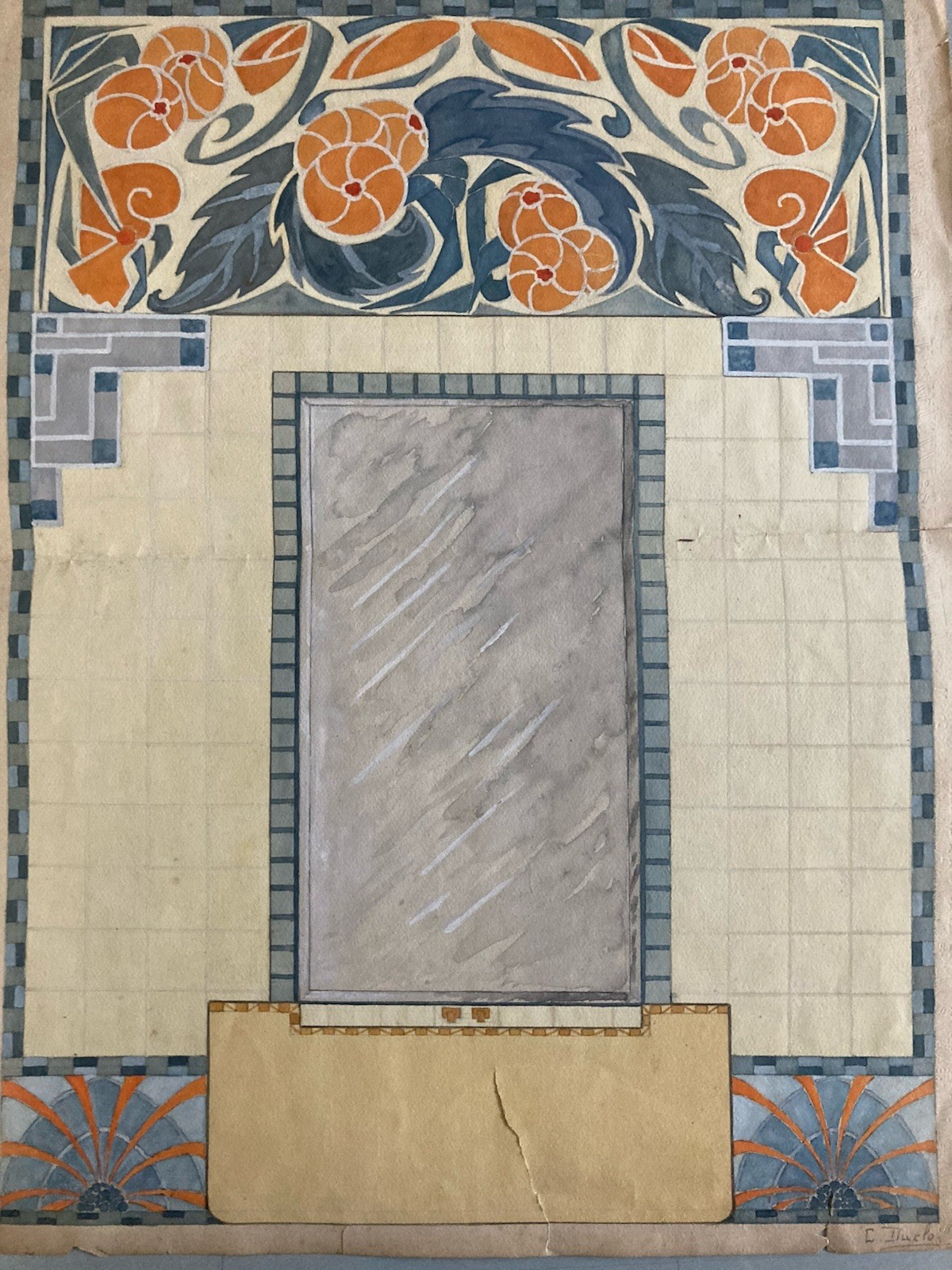 Painting 1930 Original Art Deco Nouveau Paper Gouache Antique Mosaic