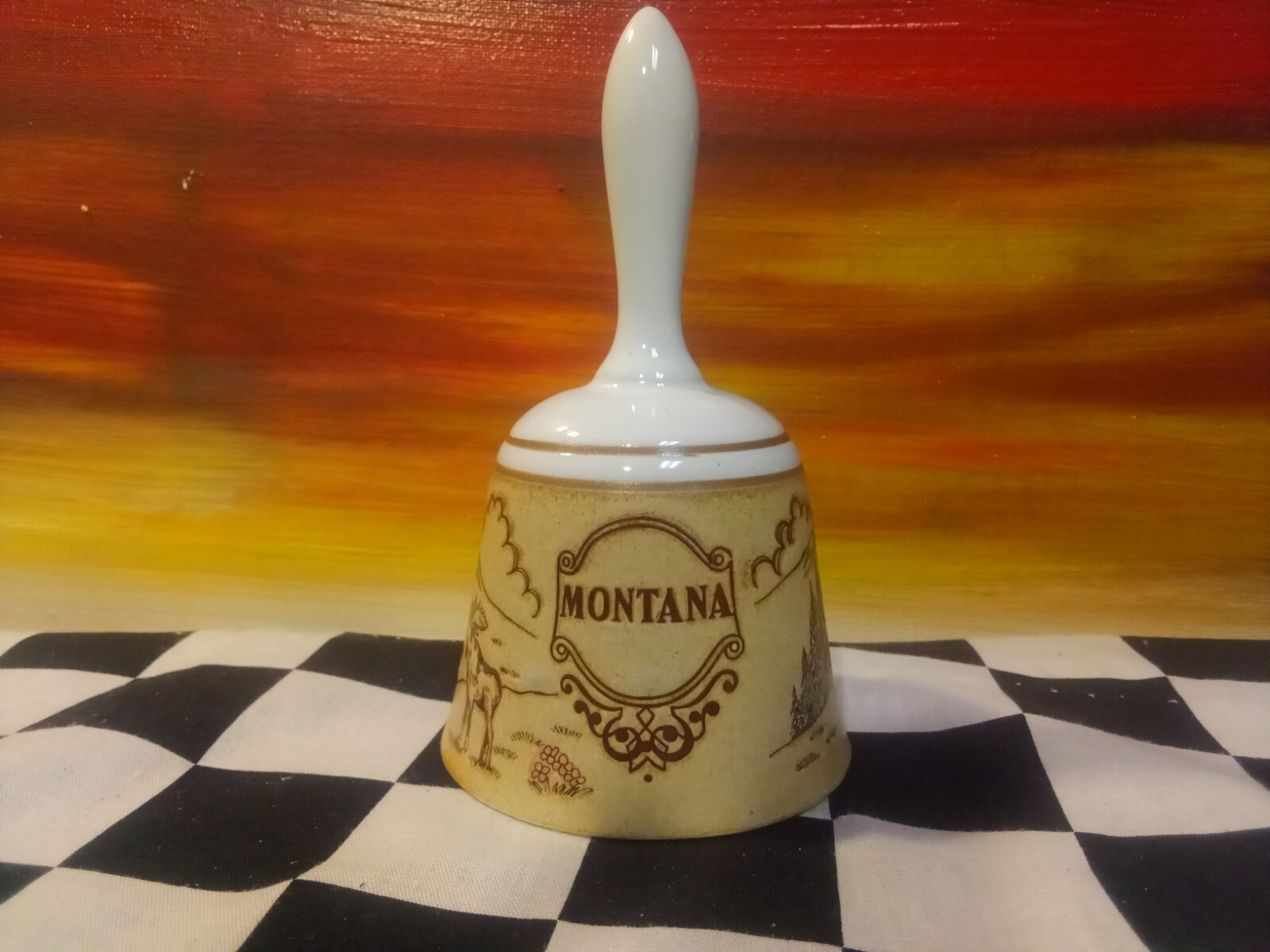 Montana Log Cabins & Moose Forest Scene Souvenir Ceramic Bell no clapper