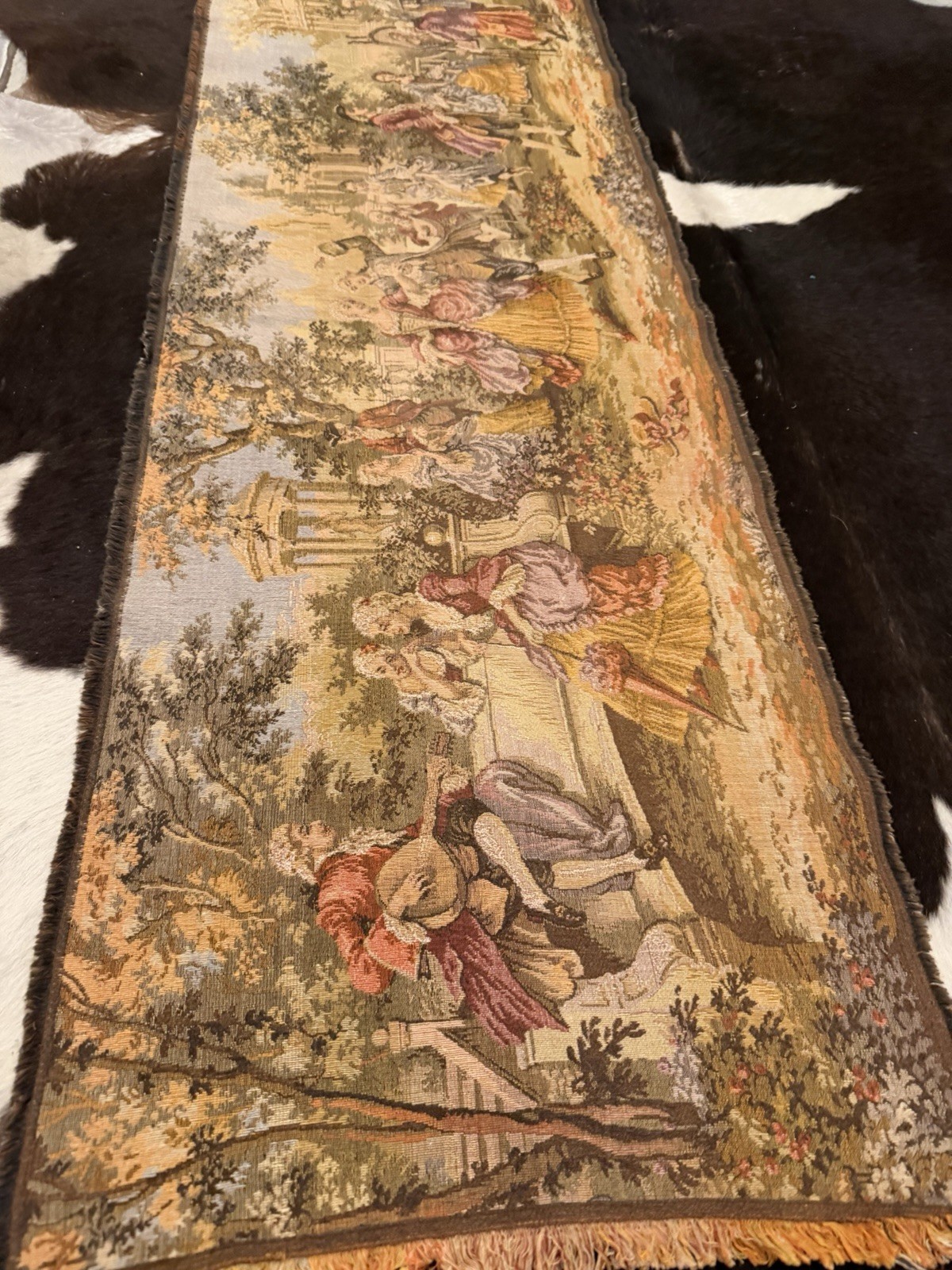 Antique French Wall Hanging Tapestry Garden Festival Man & Women 53.5” x 18.5”