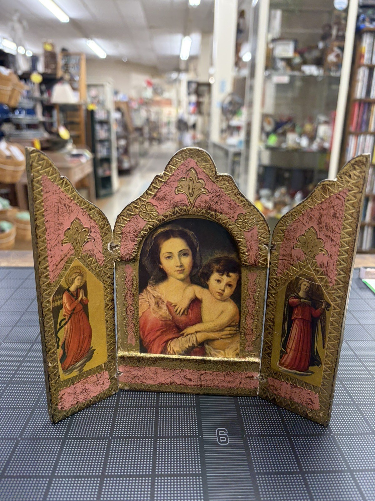 VTG Religious Florentine Triptych Madonna and Child Angels Alter Icon Catholic