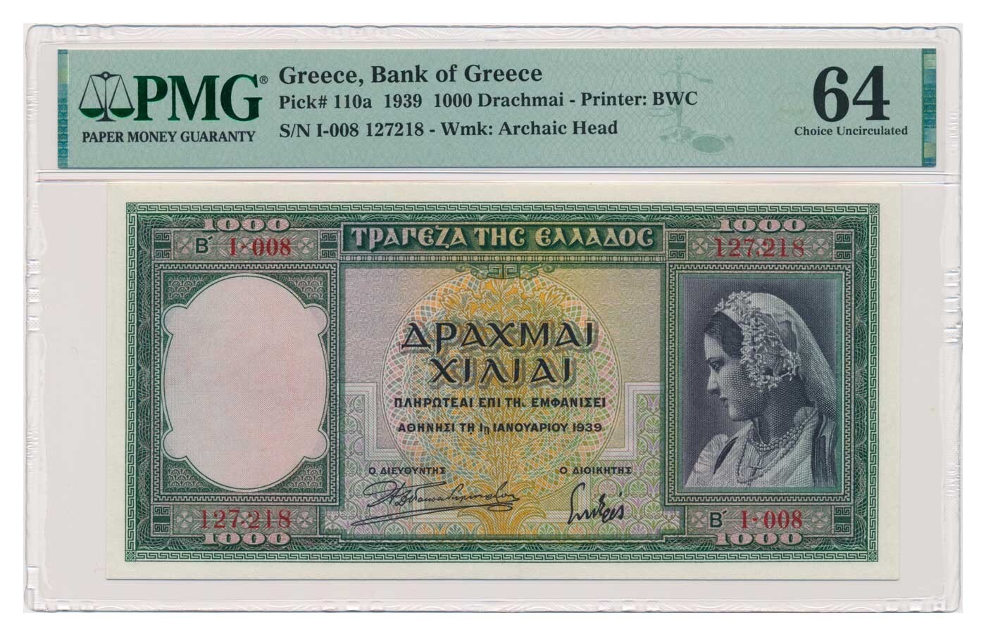 GREECE banknote 1000 Drachmai 1939 PMG MS 64 Choice Uncirculated