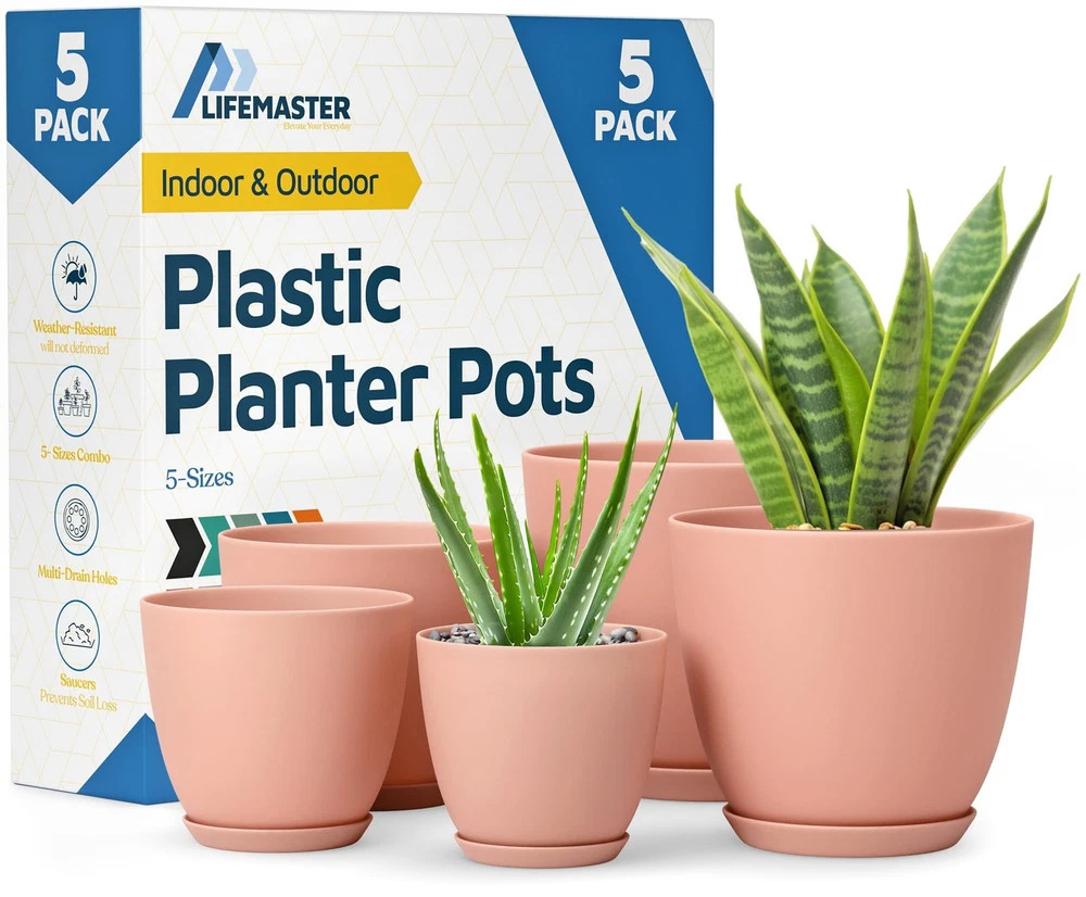 Pack Of 5 Pink Planter Pots With Drainage Lightweight Durable Indoor Outdoo