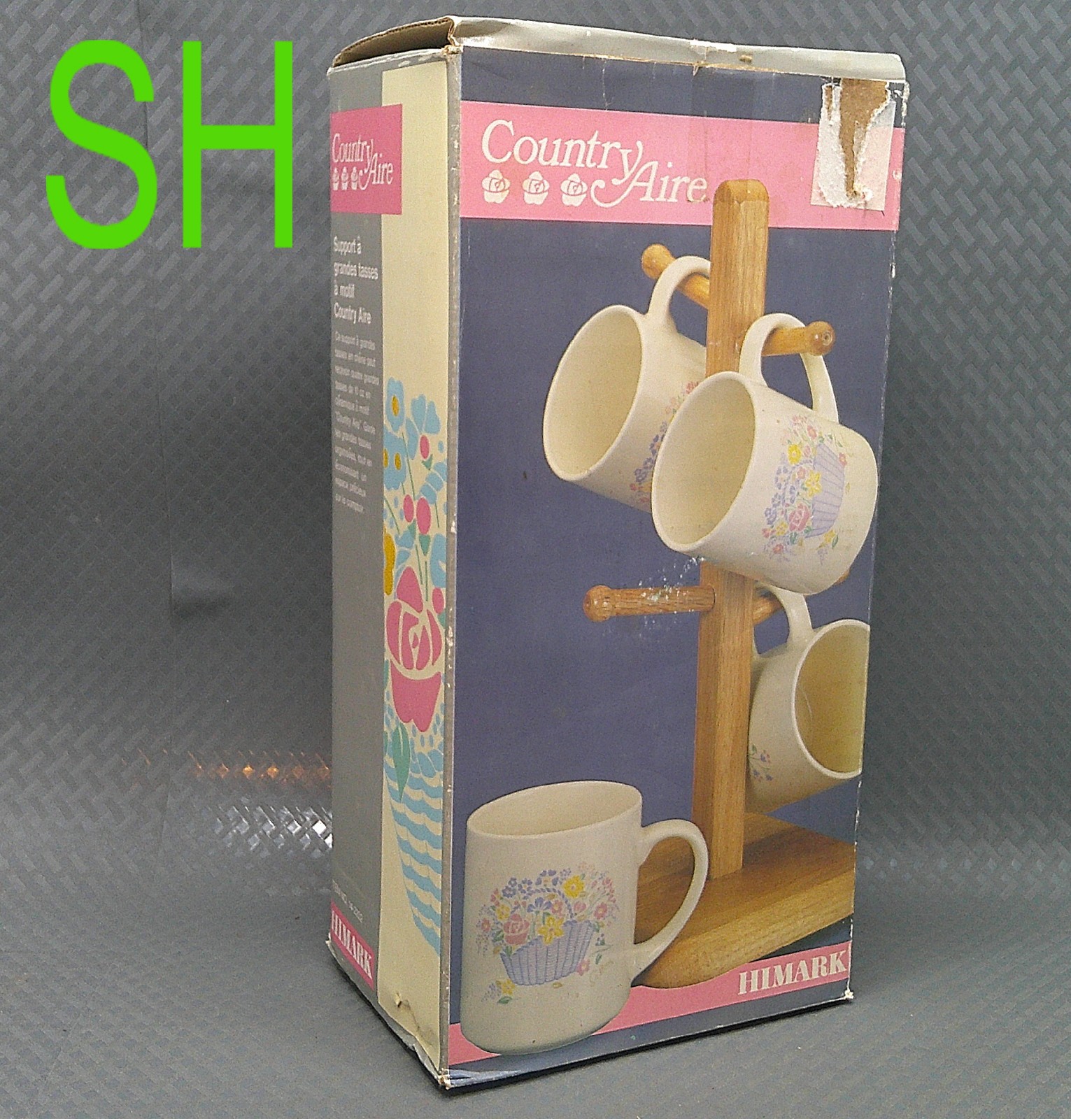 Vintage 1987 1980s Himark 4 Mugs Cups Wood Storage Tree Flower Basket Design NEW