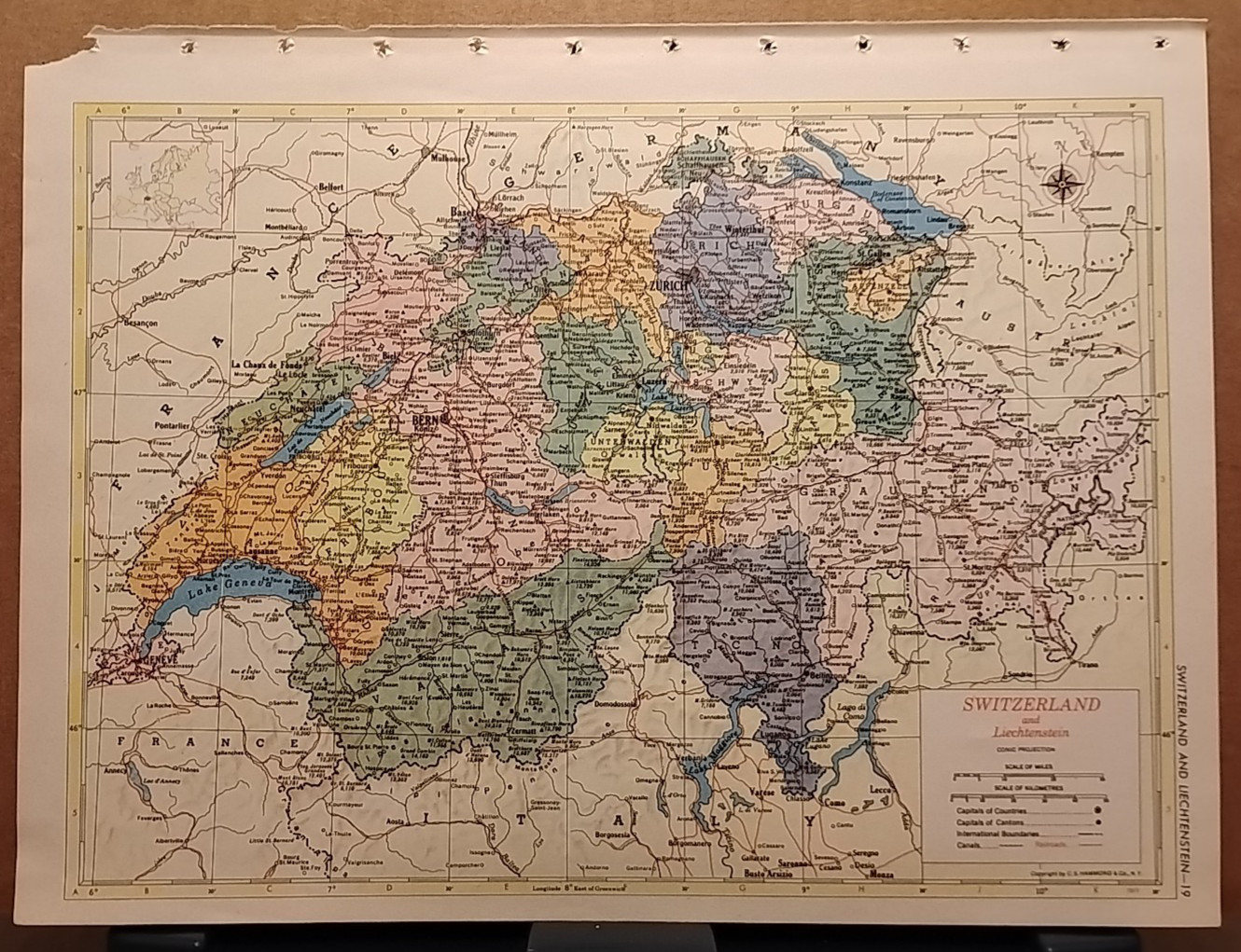 1953 Vintage SWITZERLAND Antique Atlas Map Hammond's World Atlas Superior Ed