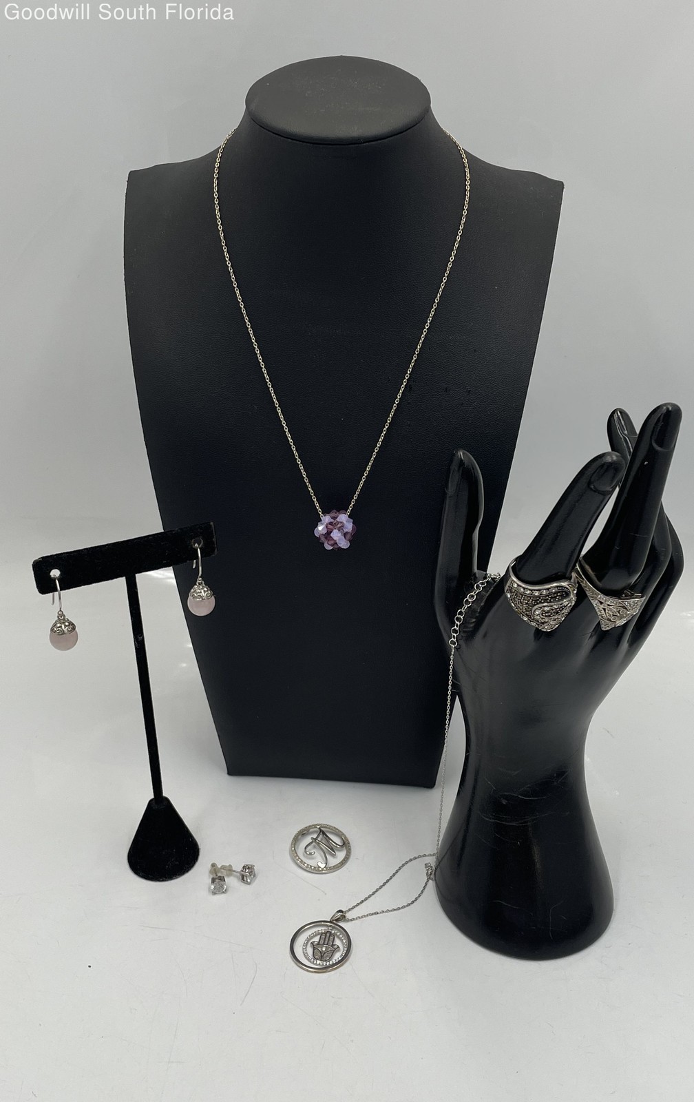 Silver Stamped/Unstamped Chains-Pendants-Earrings-Rings (7 Pcs) Weight 30.6g