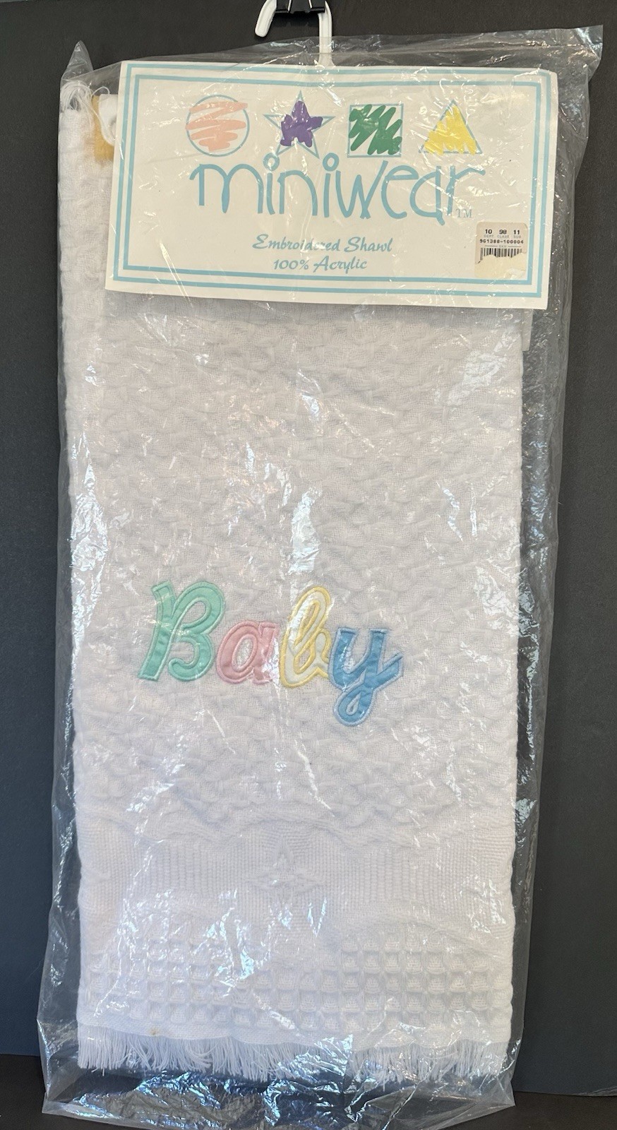 Miniwear Baby Blanket Acrylic Embroidered Pastel "BABY" Fringe 50x36 Vintage