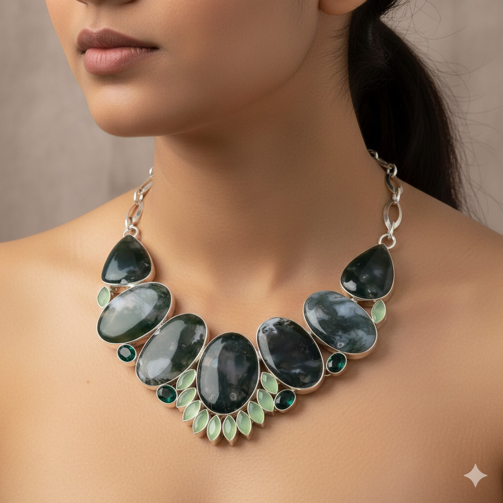 Natural Moss Agate, Chalcedony, Chrome Gemstone 925 Silver Necklace S256