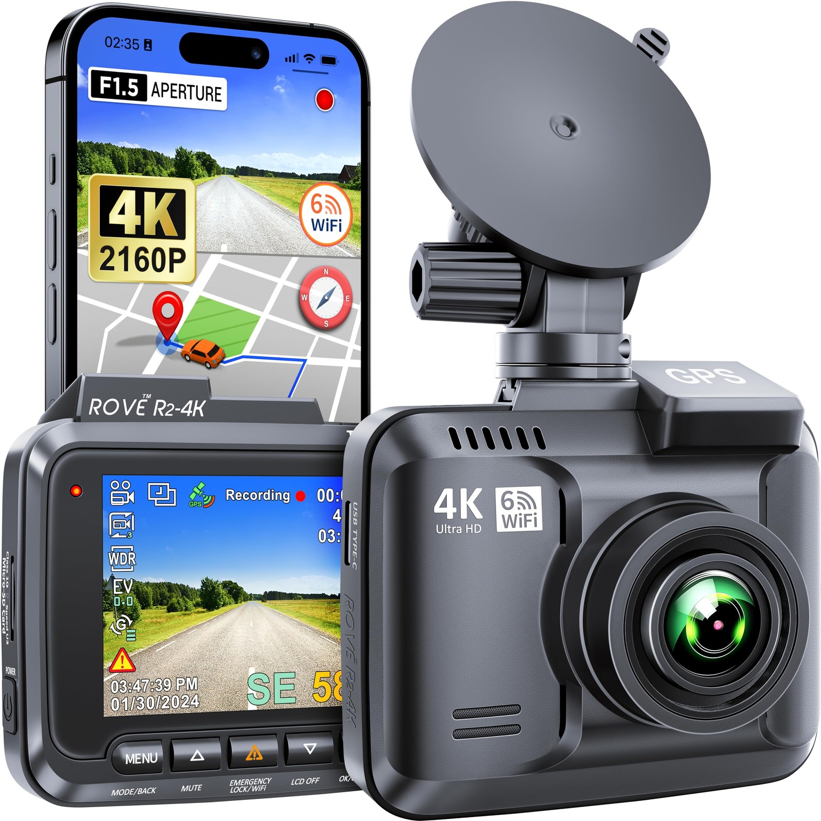 6G Dash Cam UHD 2160P 2.4 IPS WiFi GPS ROVE R2-4K Built-in Dashboard Camera