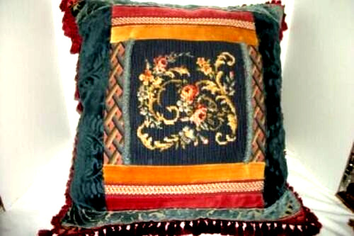 Cottagecore French Needlepoint Roses Feather Pillow Lush Cut Velvet Blues Large