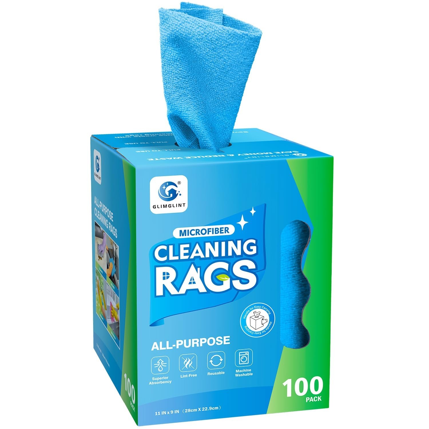 GLIMGLINT Shop Towel, 100 Pack Blue Microfiber Cleaning Cloth, Lint-Free, Ult...