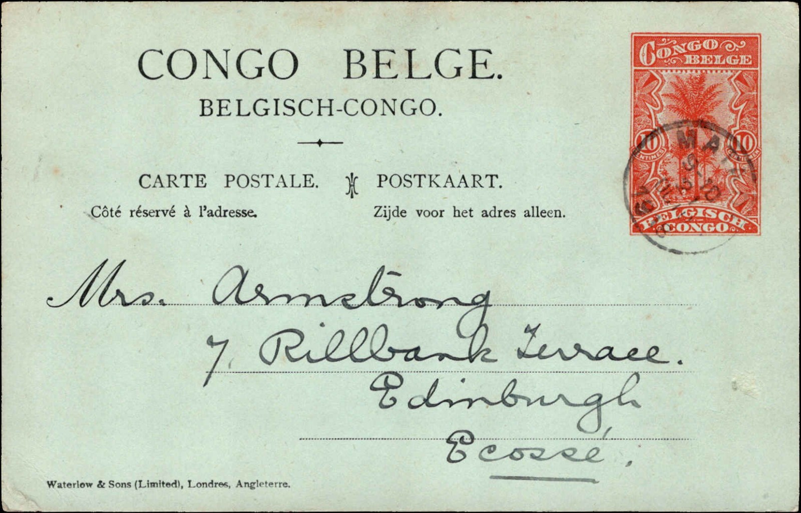 Belgian Congo 10c Postal Card to Edinburgh Scotland Early Congo Mail