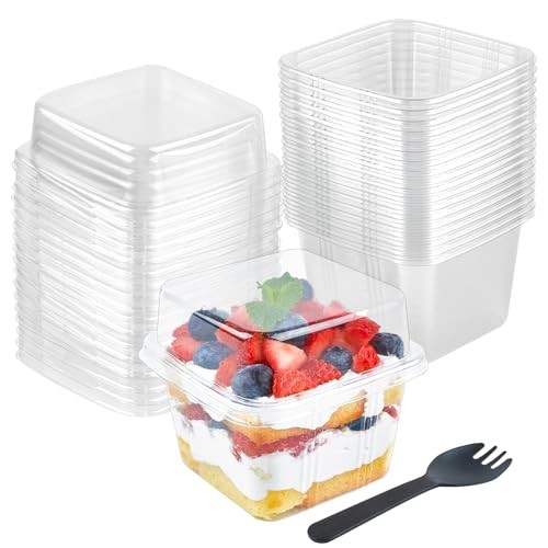  50 Pack Square Plastic Dessert Cups with Lids and Sporks, Disposable Cake 8 oz