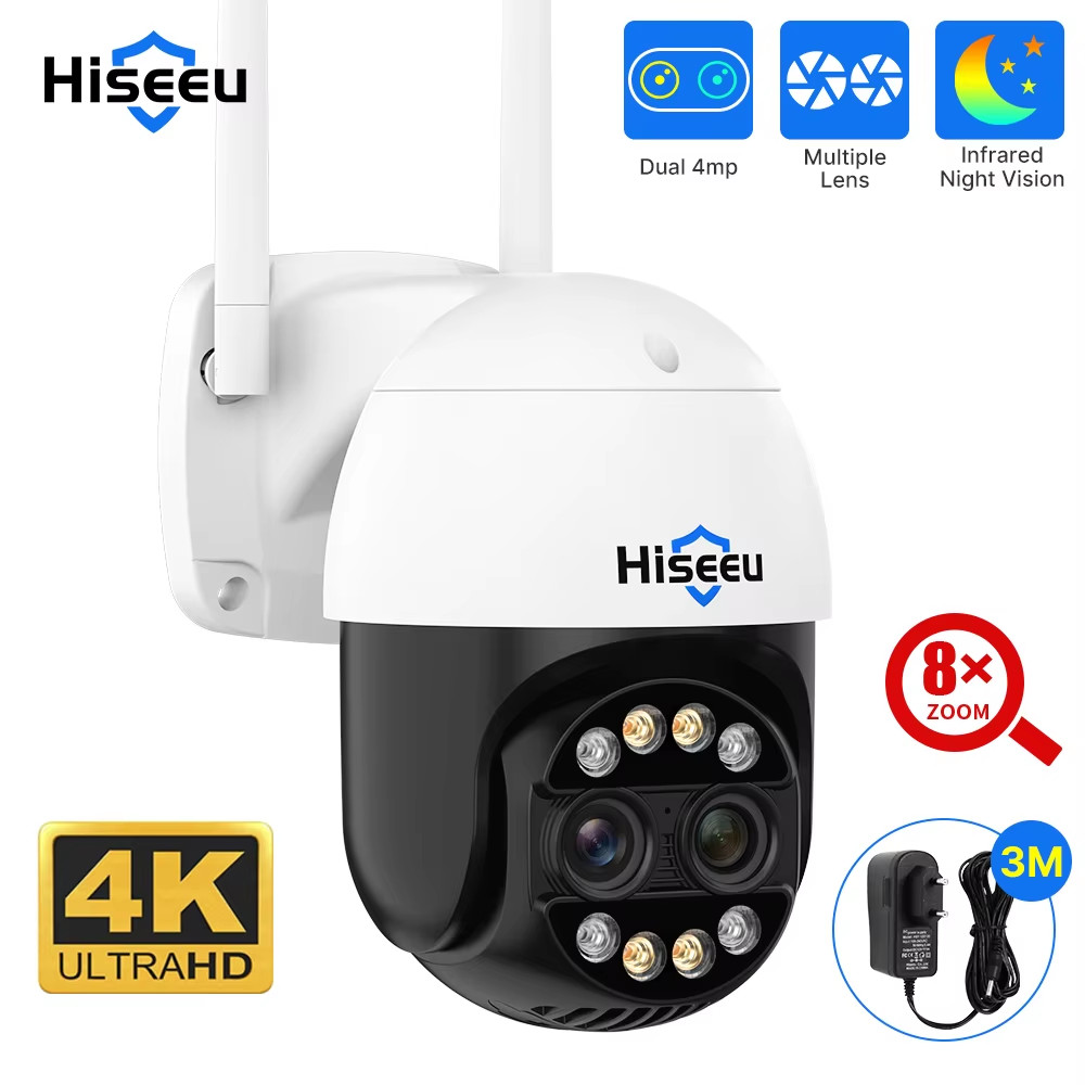 Hiseeu 4K 8MP Dual Lens PTZ Wifi IP Camera 8X Zoom Outdoor HD Full Color Night V