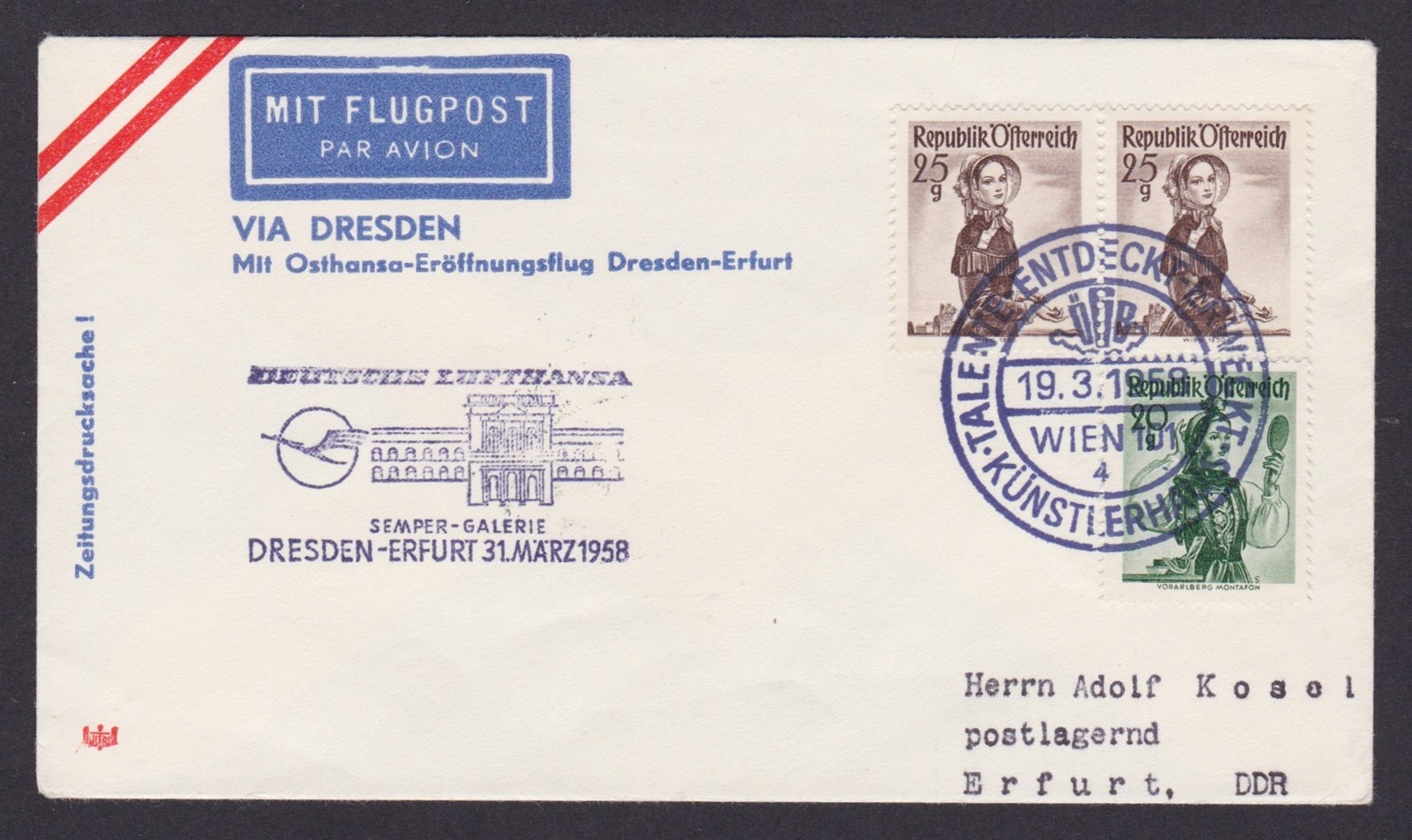 AUSTRIA 1958, Air mail cover Vienna-Dresden-Erfrut, Speceial cancellation