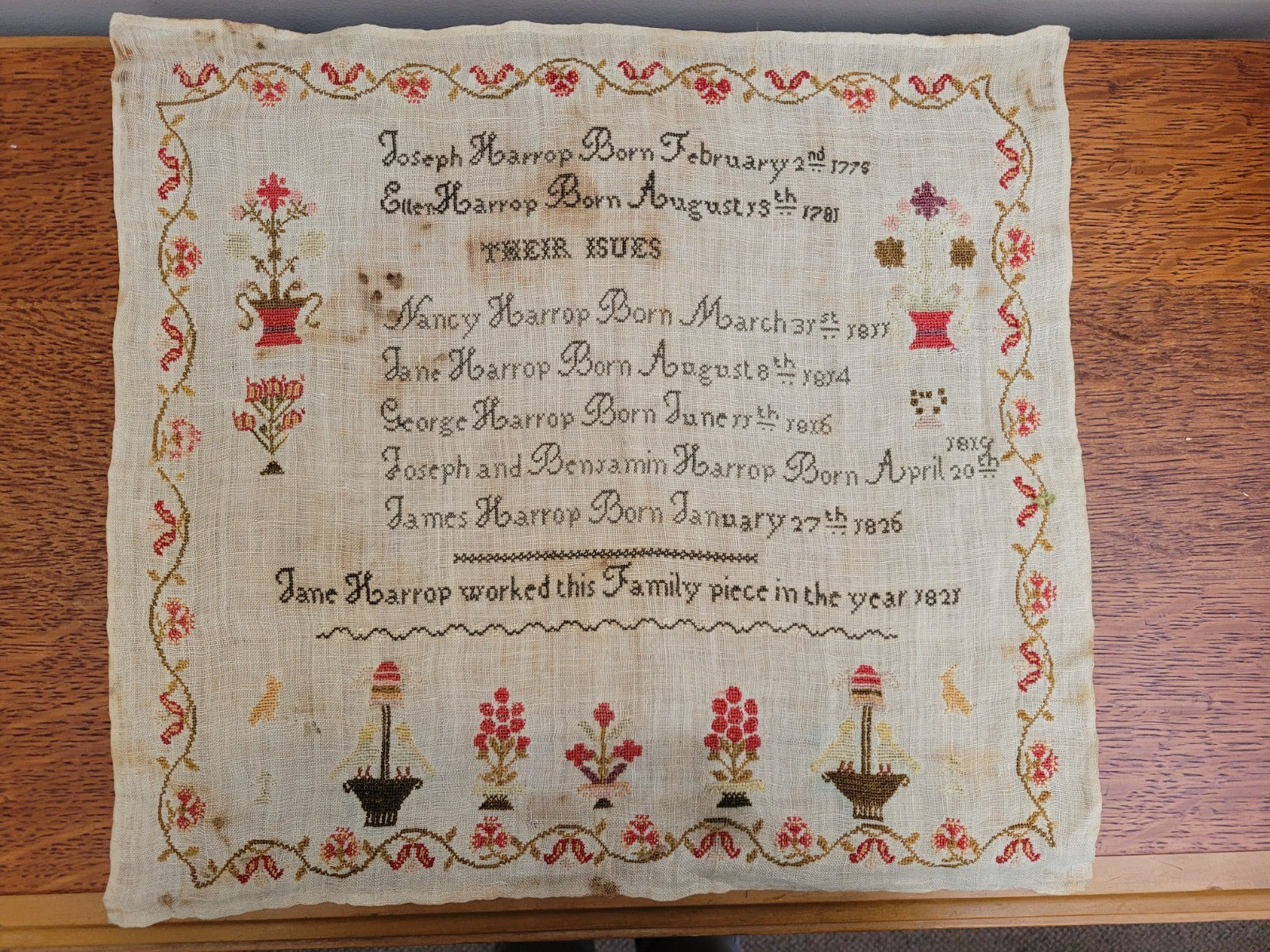 Traditional Georgian English Needlework Sampler 1821 - Family Birth Register