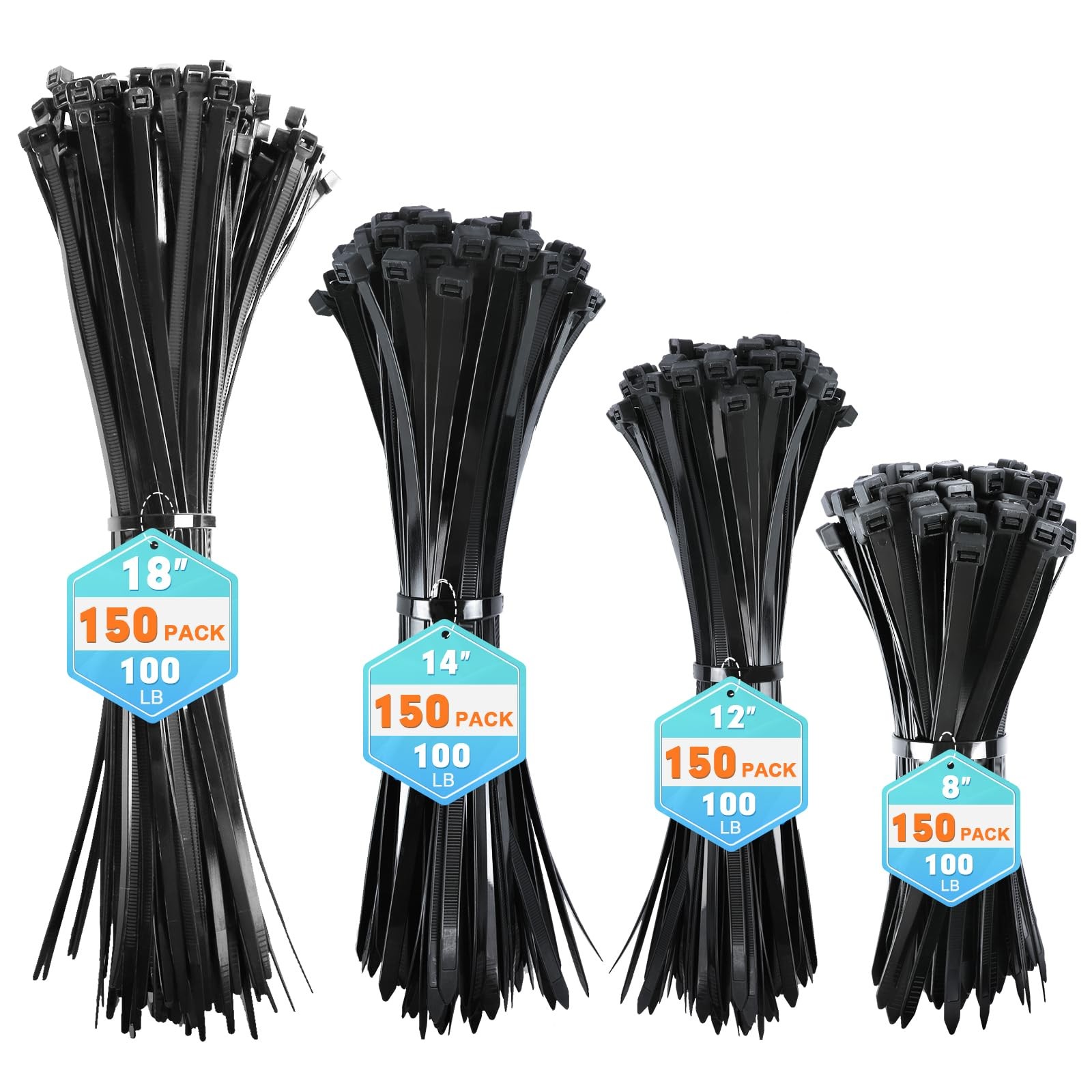 Zip Ties Assorted Sizes, 600 Pack (8+12+14+18Inch) Black Cable Ties, Self-Loc...
