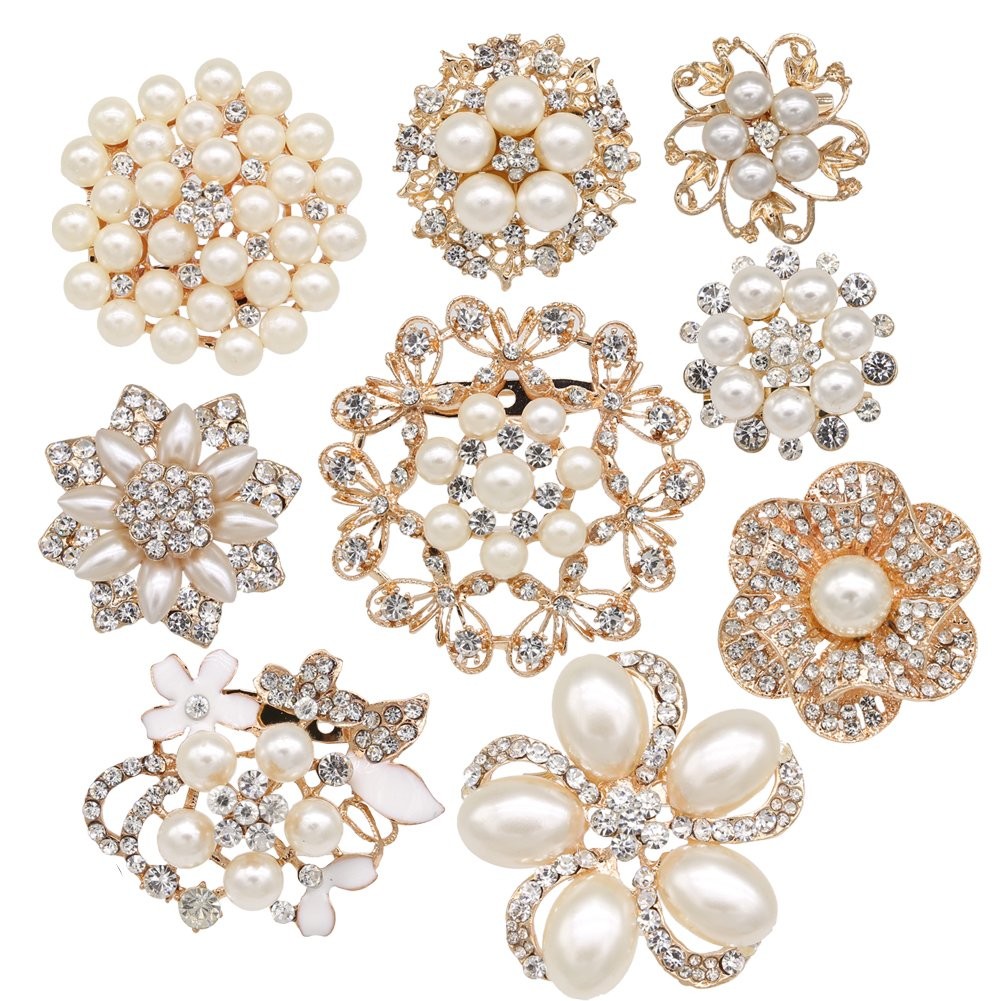 9 PCS Rose GoldTone Rhinestone Brooches Big Pearl Crystal Wedding Bouquet Set