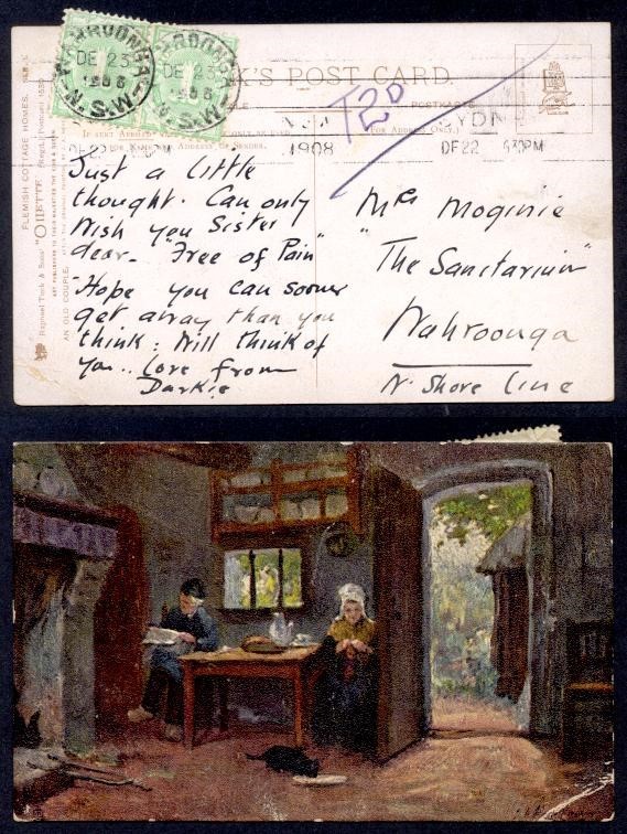 AUSTRALIA 1d PAIR DUES 1908 PPC TO WAHROONGA