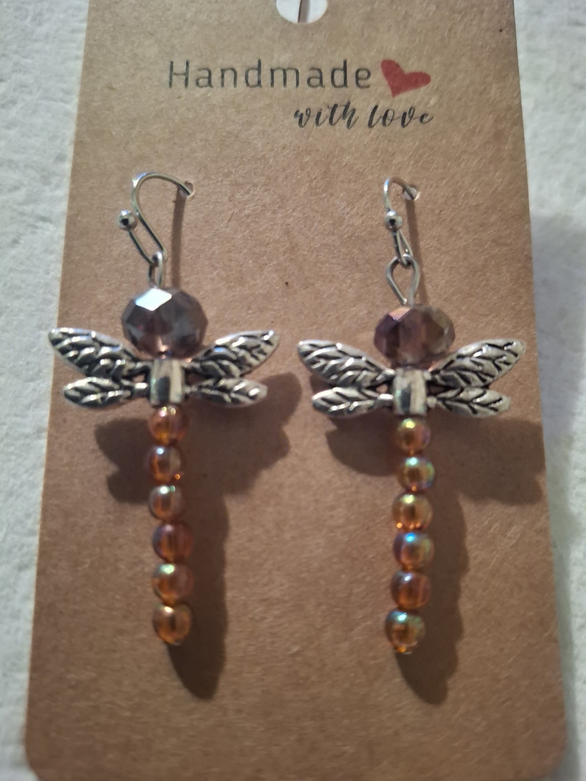 Handcrafted Dragonfly Beaded Dangle Earrings Silver Plated Glass Brown Women
