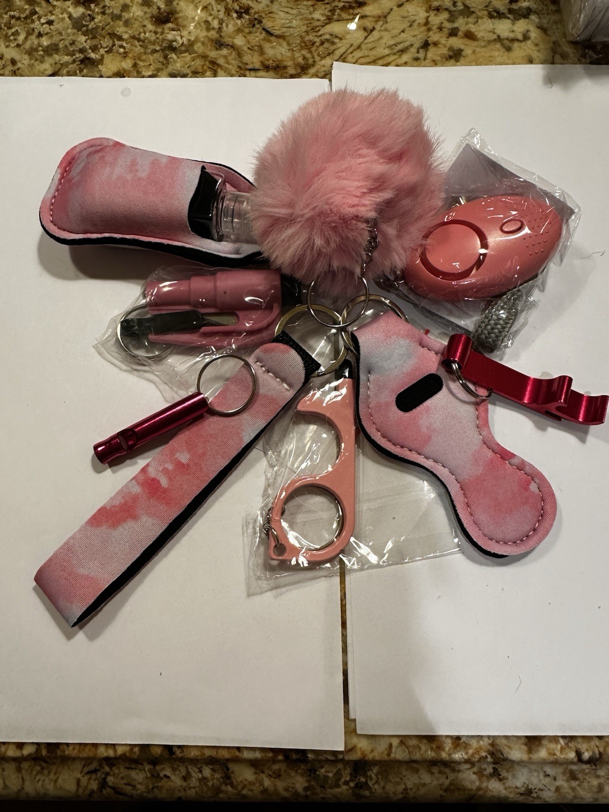 Personal Security Keychain Set with Alarm, Kubaton, Self-Defense Tools, Pink