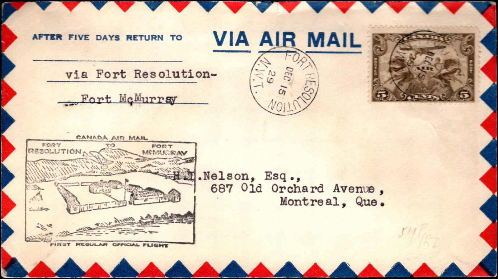 Canada 1929 Fort Resolution–Fort McMurray First Official Flight Airmail Cover