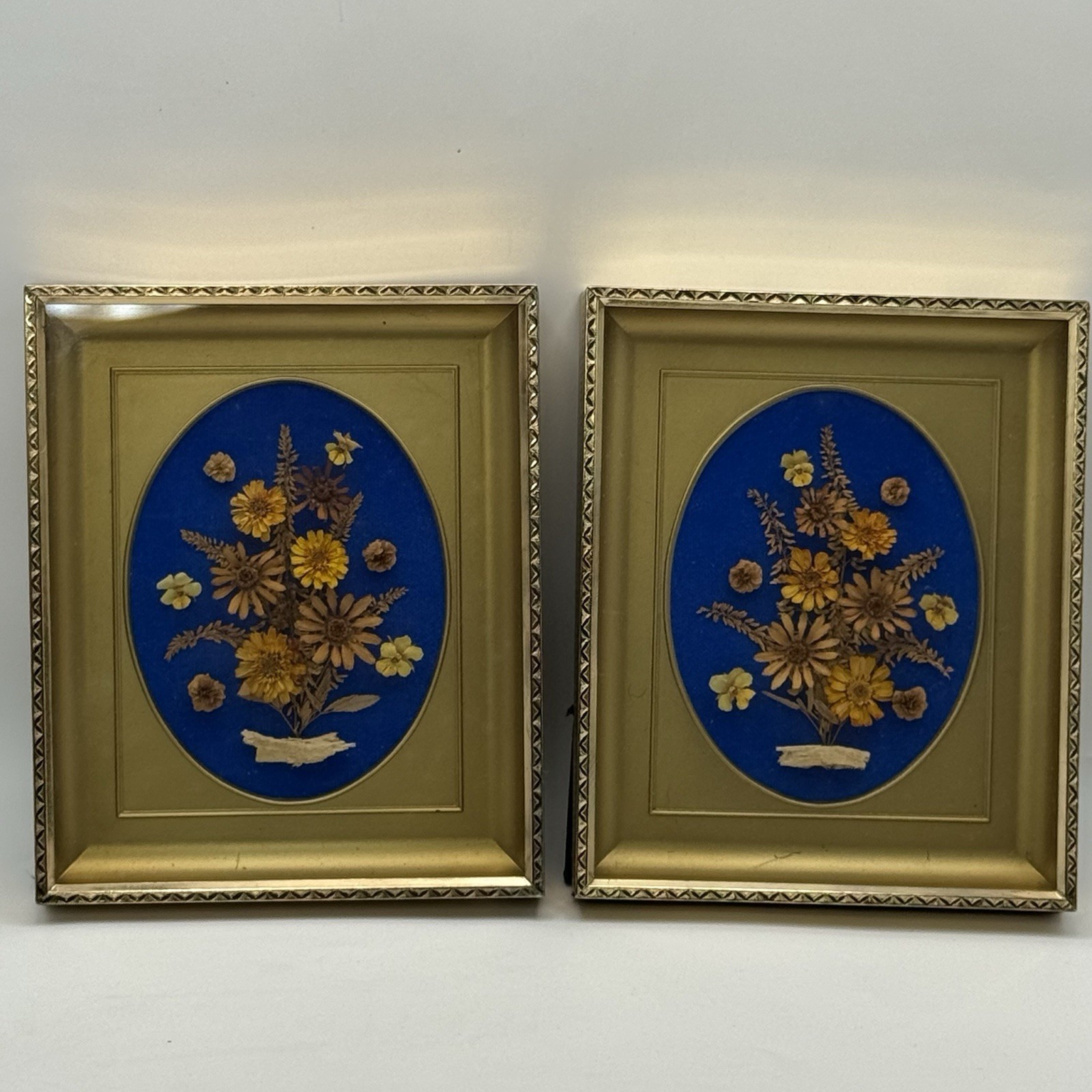 VTG Original Dried Flowers In Metal Small Frame Set Of 2 Grandma Cottage Ornate