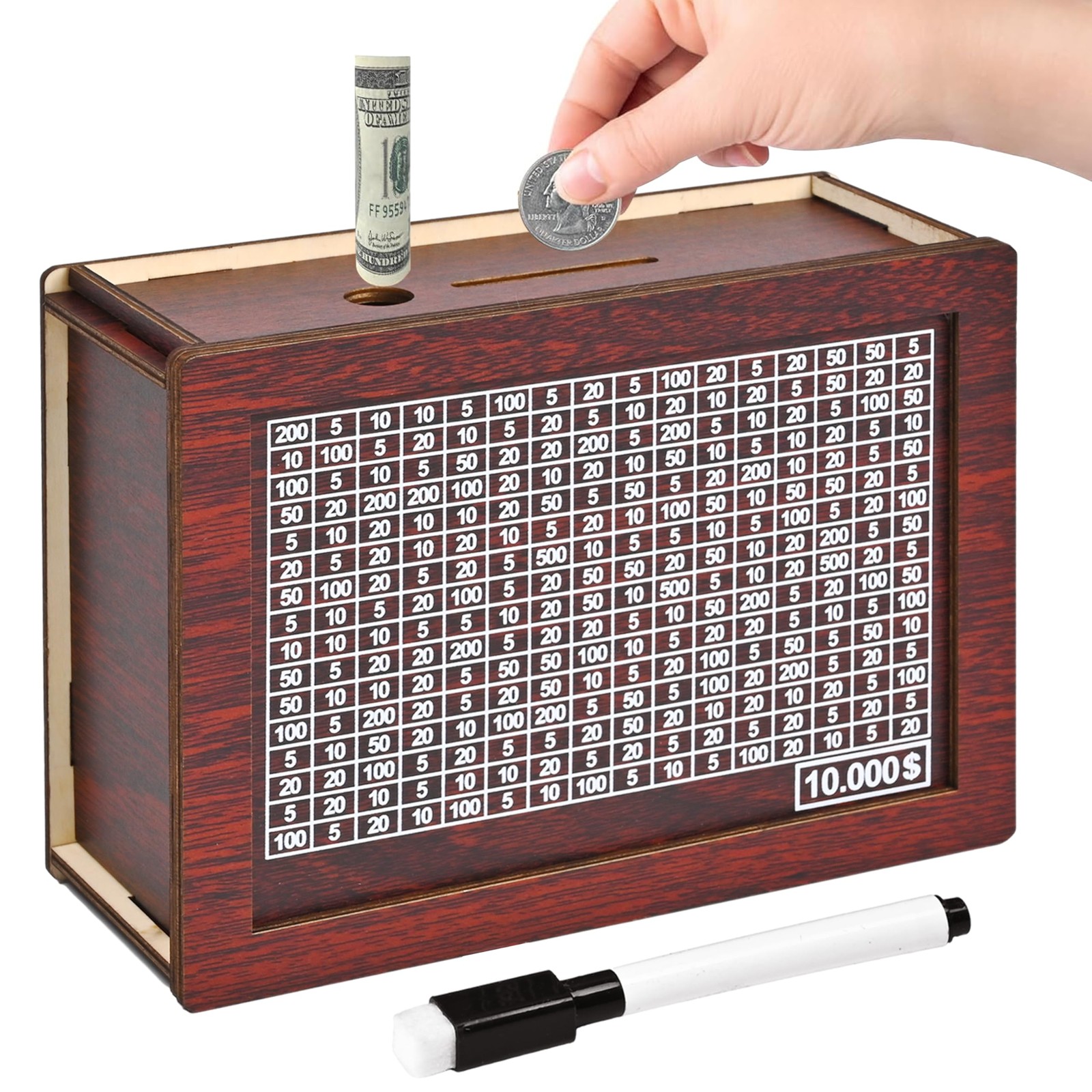 krlladetiy 10000 Savings Challenge Box, Wooden Money Saving Large, Coffee 
