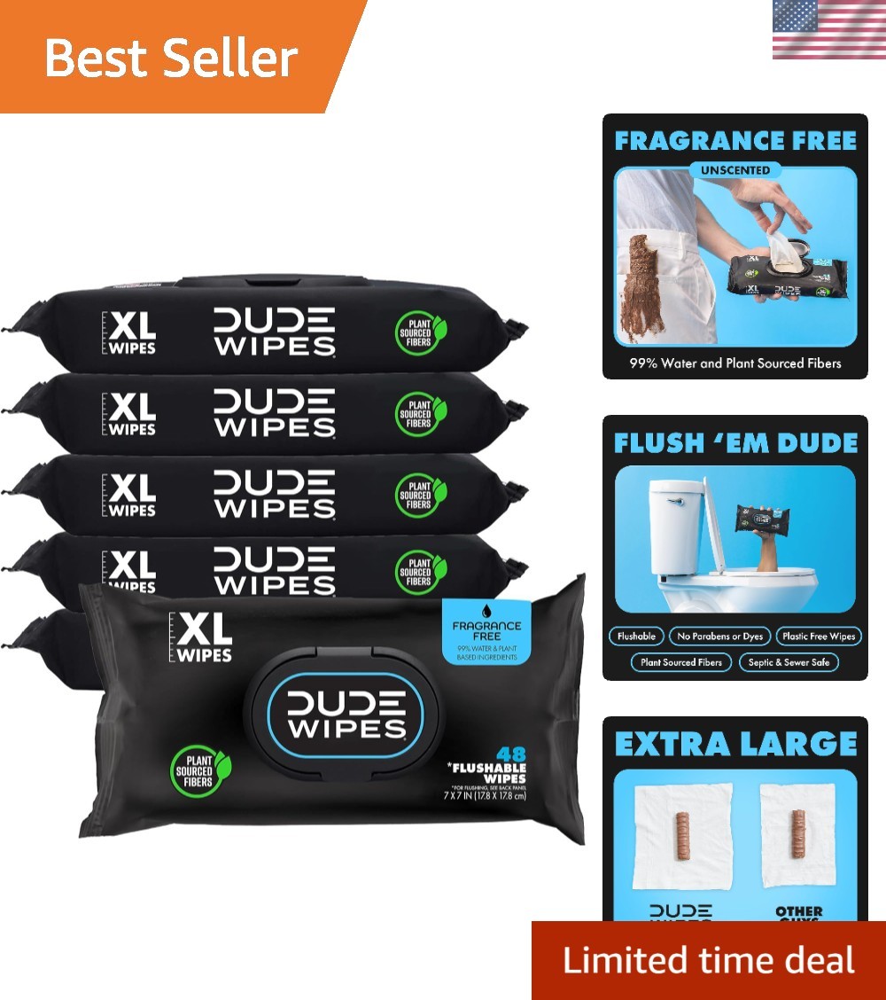 DUDE Wipes - Flushable Wipes - 6 Pack, 288 Wipes - Unscented Extra-Large Adult