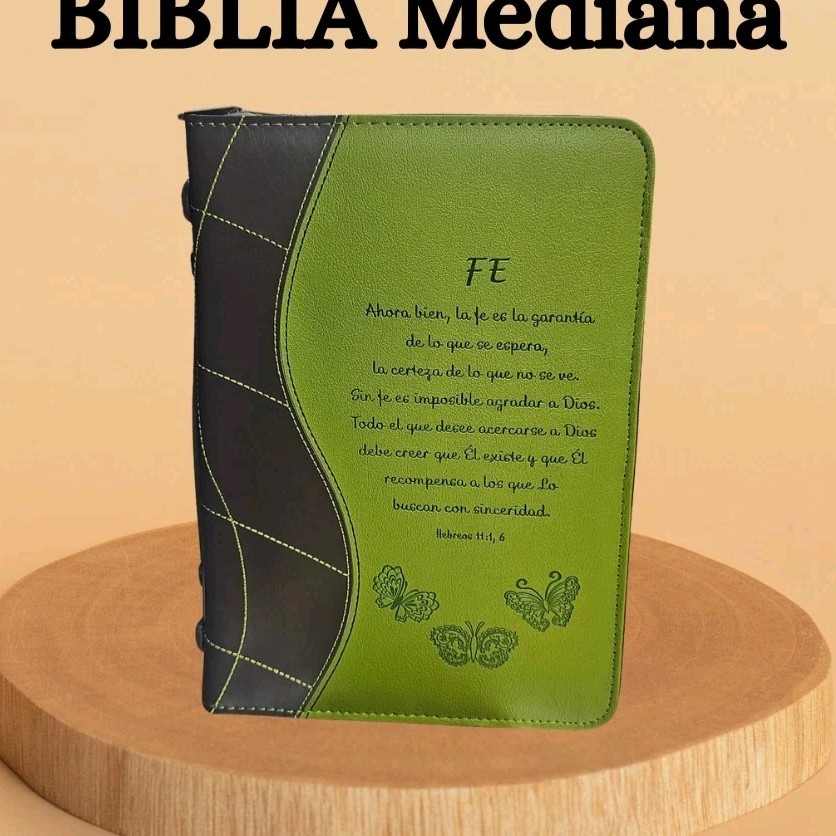Leather Bible Cover Medium Green Black with Inspirational Verse