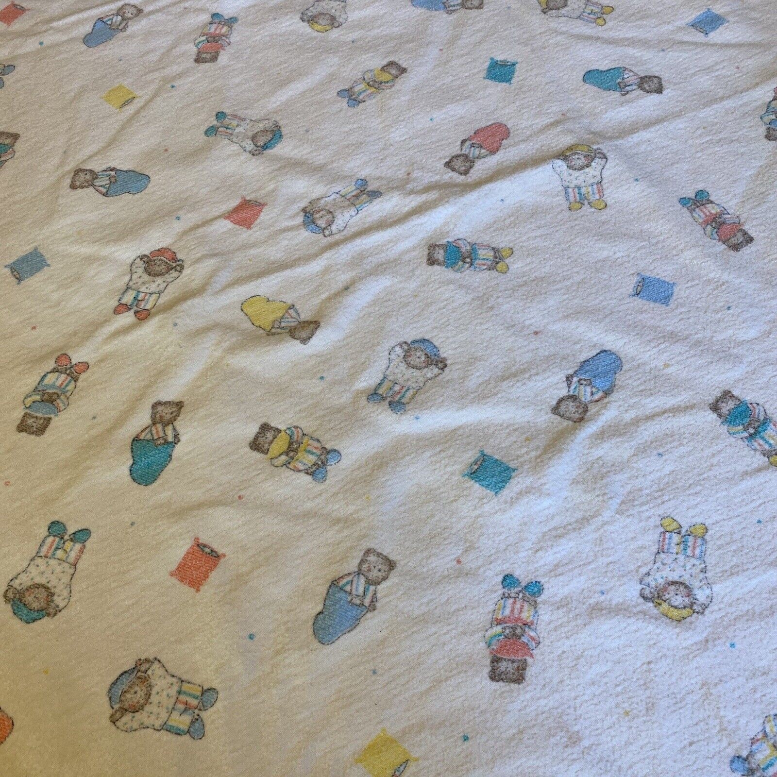 Vintage Flannel Baby Crib Blanket w/satin trim Beige Multicolor Bear Bag Cotton