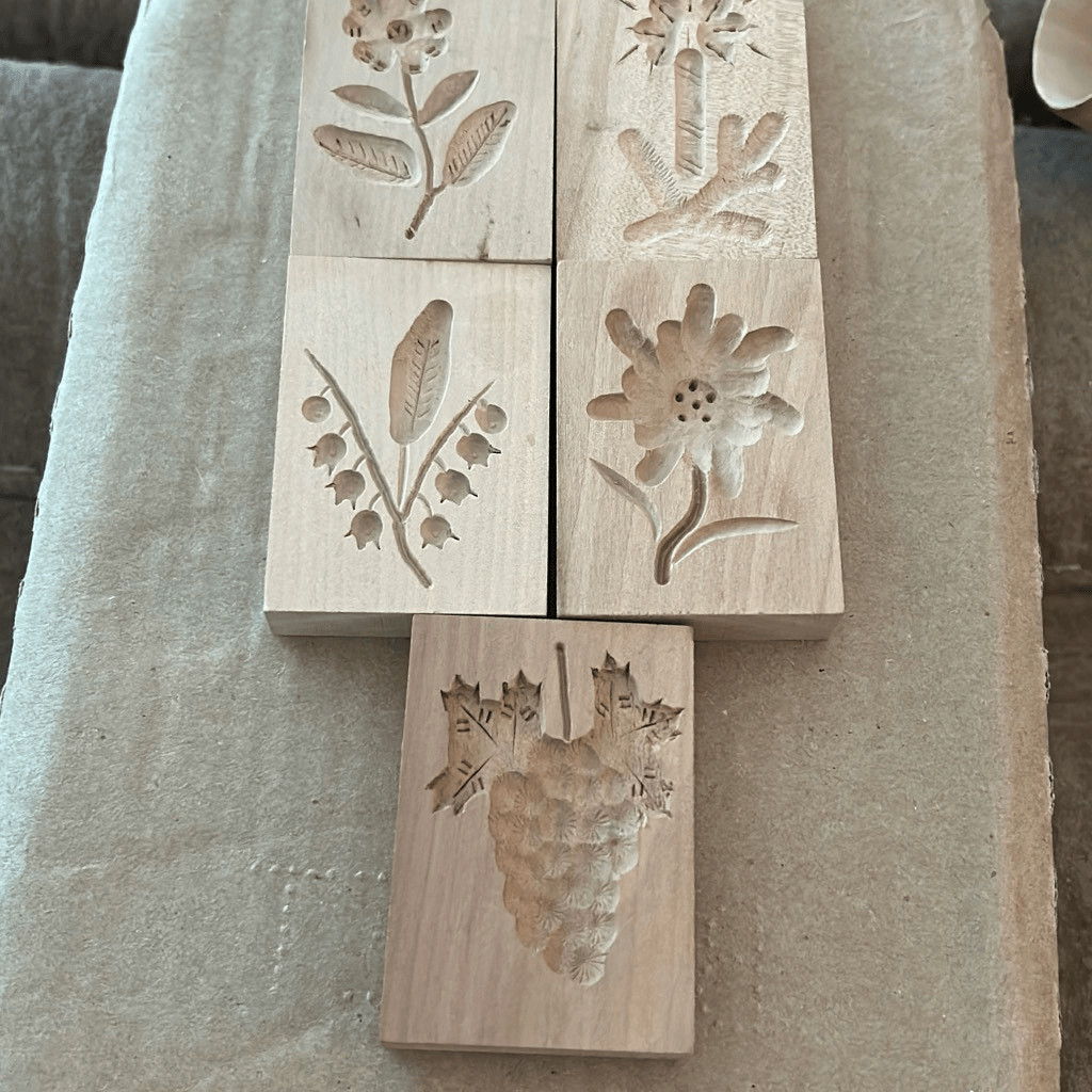 Hand Carved Wooden Cookie Stamp / Mold Fun Floral Designs. Set of 5.