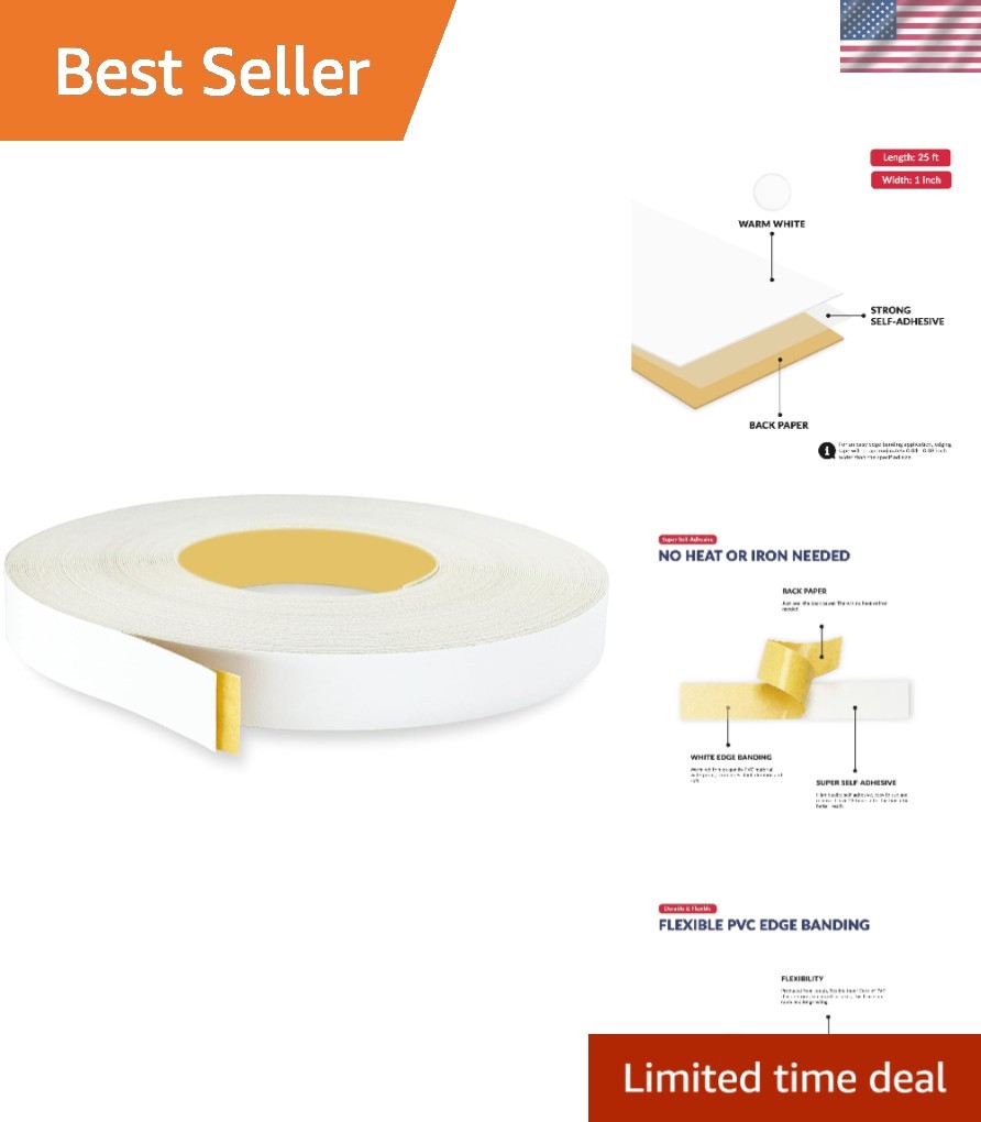 White PVC 1 inch x 25 ft Edge Banding Tape Peel Stick Adhesive Edging Veneer ...
