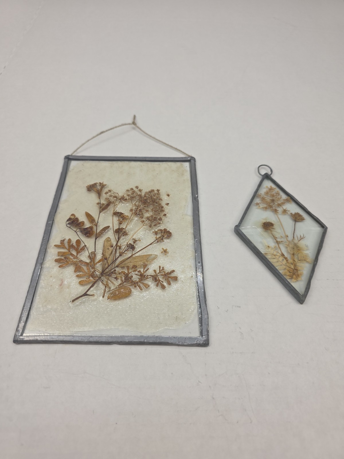 Vintage Pressed Dried Flowers In Glass And Leaded Frame. Beveled Glass Diamond. 