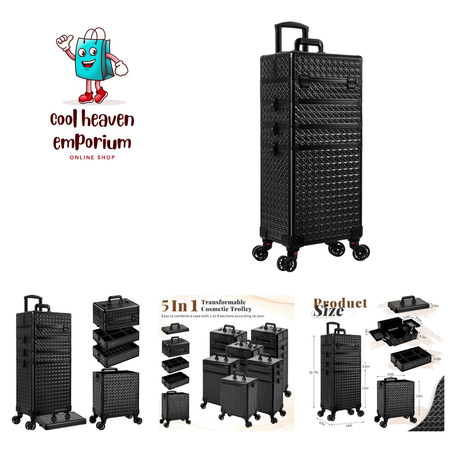 5 in 1 Rolling Makeup Train Case Cosmetology Case on Wheels Large Cosmetic Or...