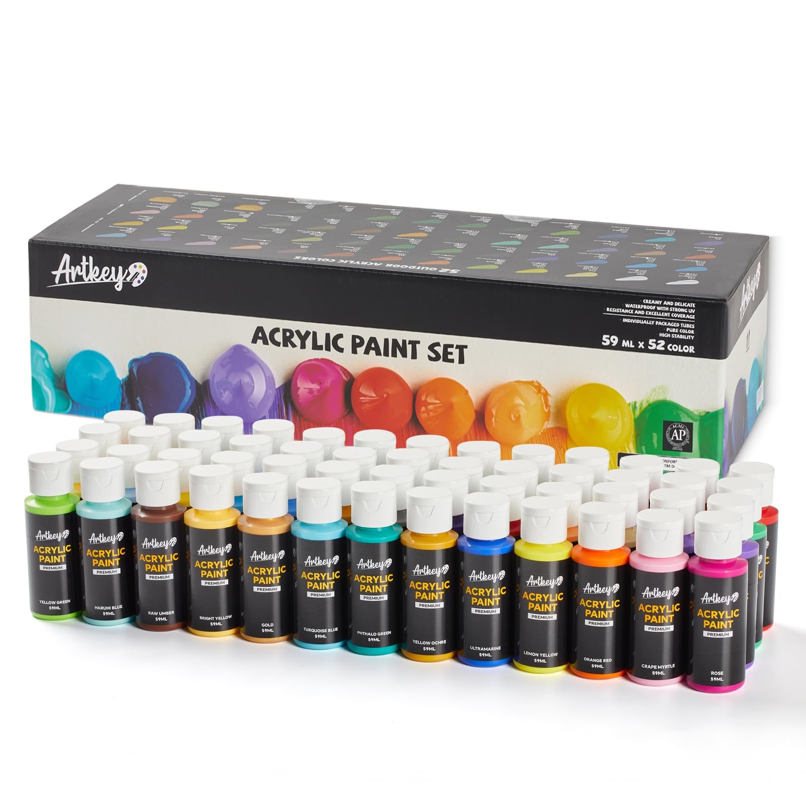 Artkey Acrylic Paint Set: 52 Colors, 2oz (59ml) Tubes - Pro Artist Quality
