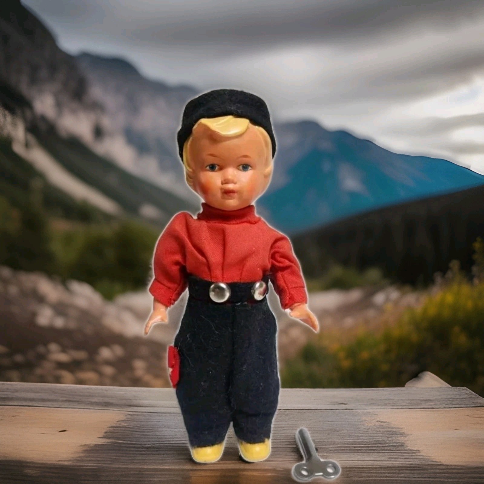 Vintage German Celluloid Mechanical Wind-Up Doll   Key & Working