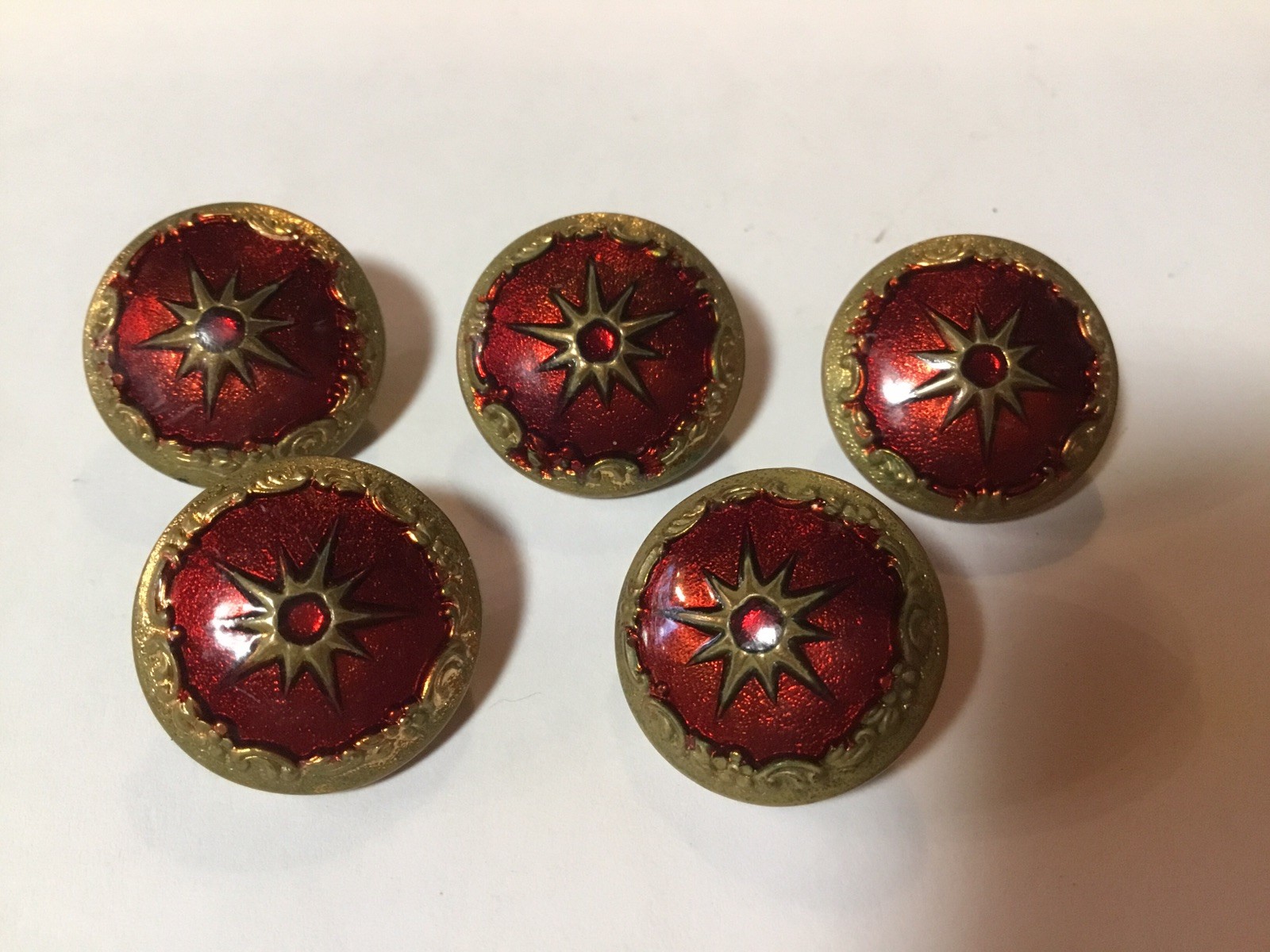 GORGEOUS Antique Vintage 5 Red & Gold Enamel Star Starburst Metal Buttons - 3/4”