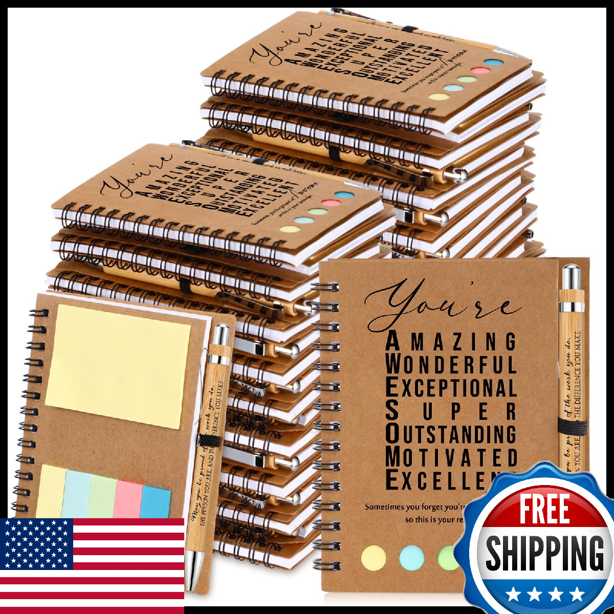 Jetec 25PK Inspirational Spiral Notebook & Pen Set w/Sticky Notes - Employee Gif