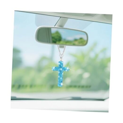  Bling Cross Car Hanging Charm, Lucky Crystal Rhinestone Vehicle Rear View Blue