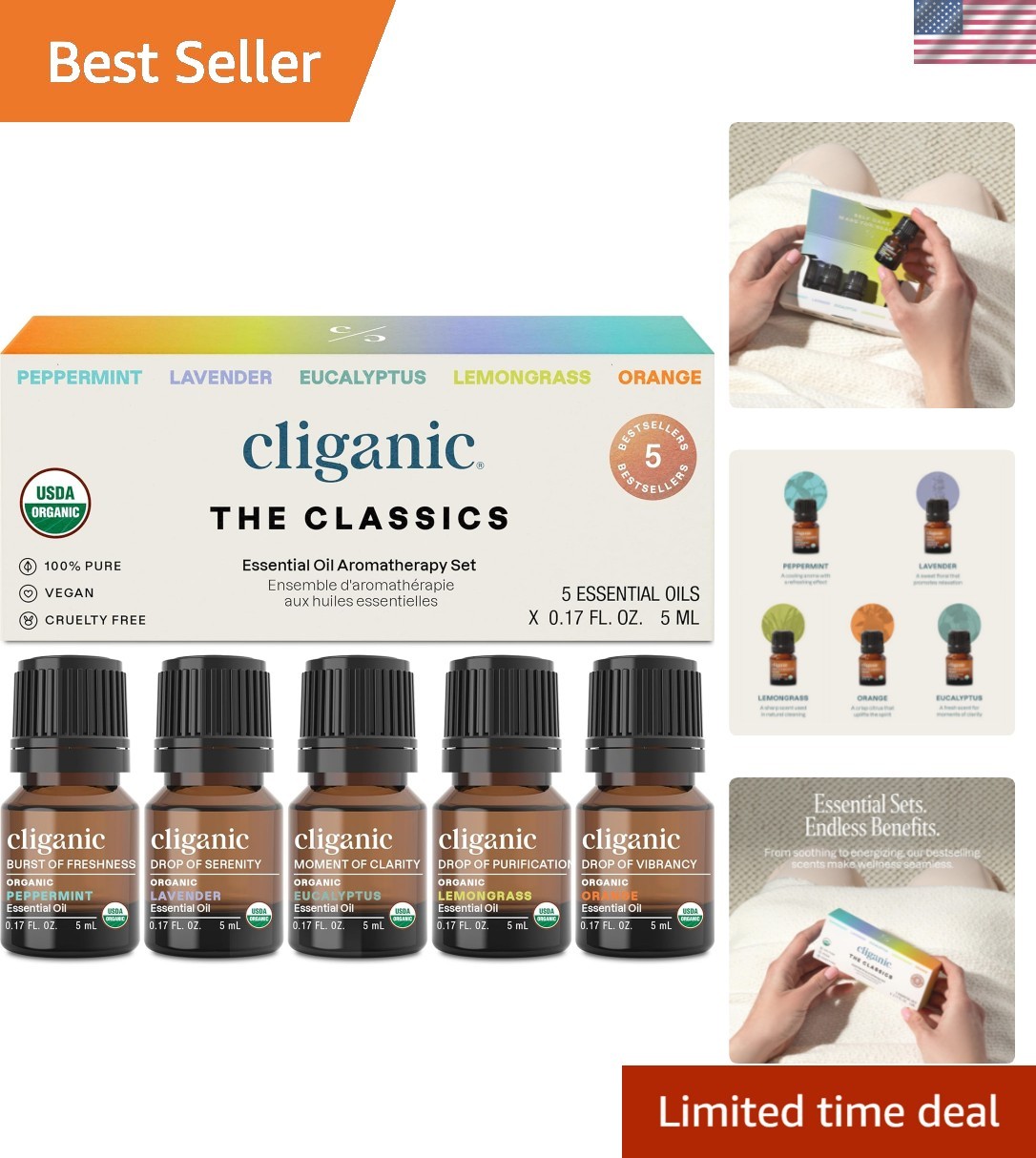 Organic Essential Oils Set Top 5 - The Classics - 100% Pure Natural - Aromath...
